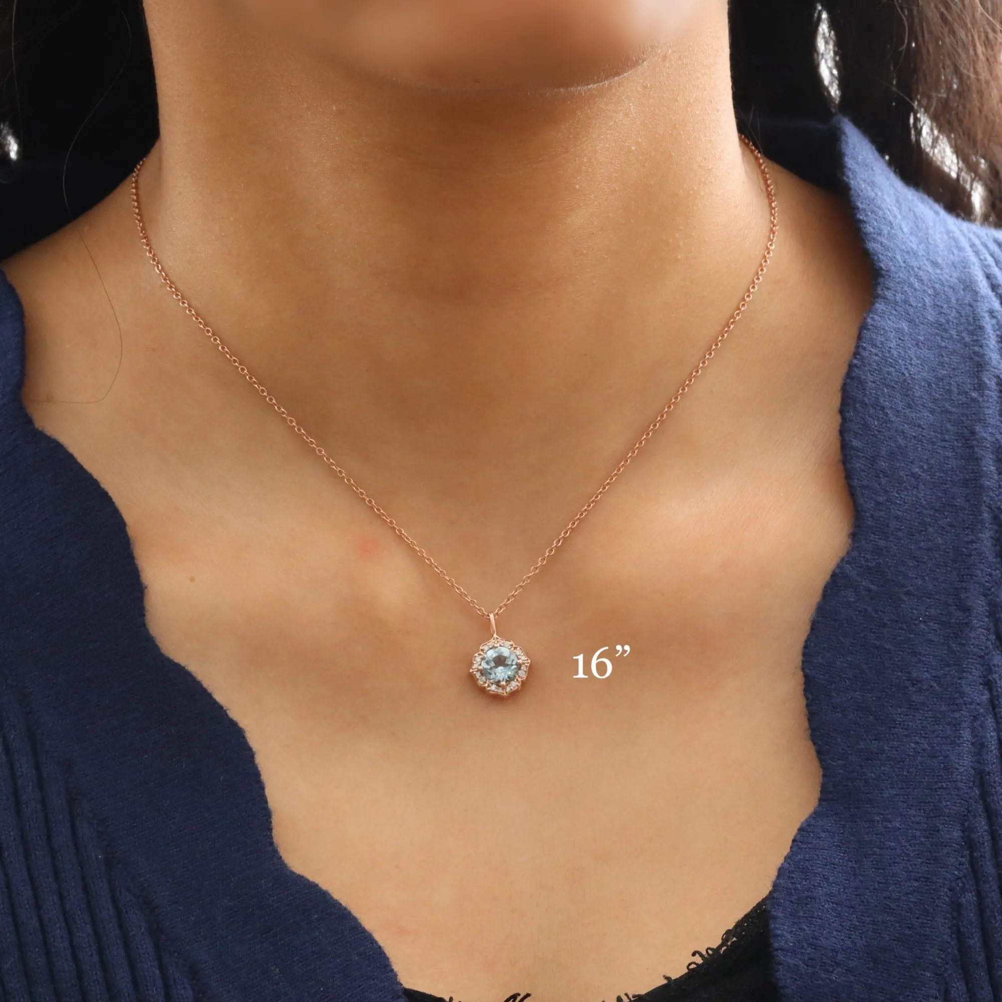 Halo Diamond Aquamarine Necklace in 14k Gold Vintage Floral Pendant