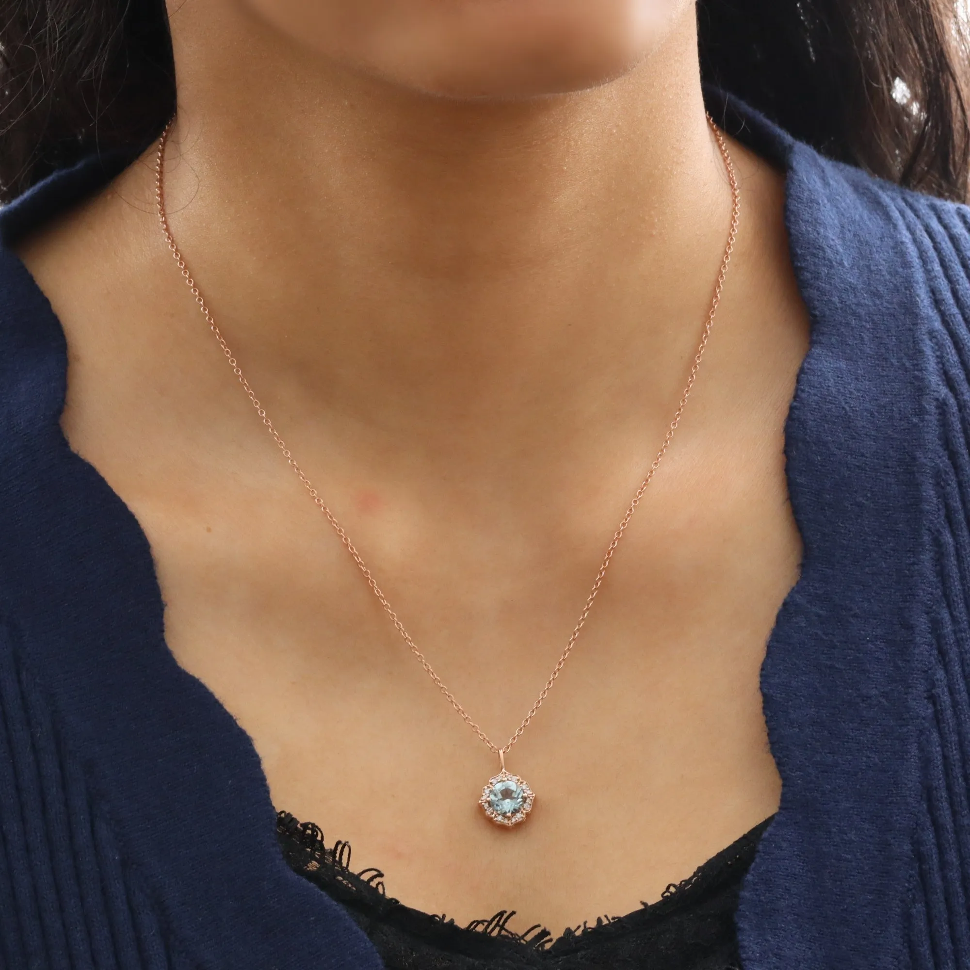 Halo Diamond Aquamarine Necklace in 14k Gold Vintage Floral Pendant
