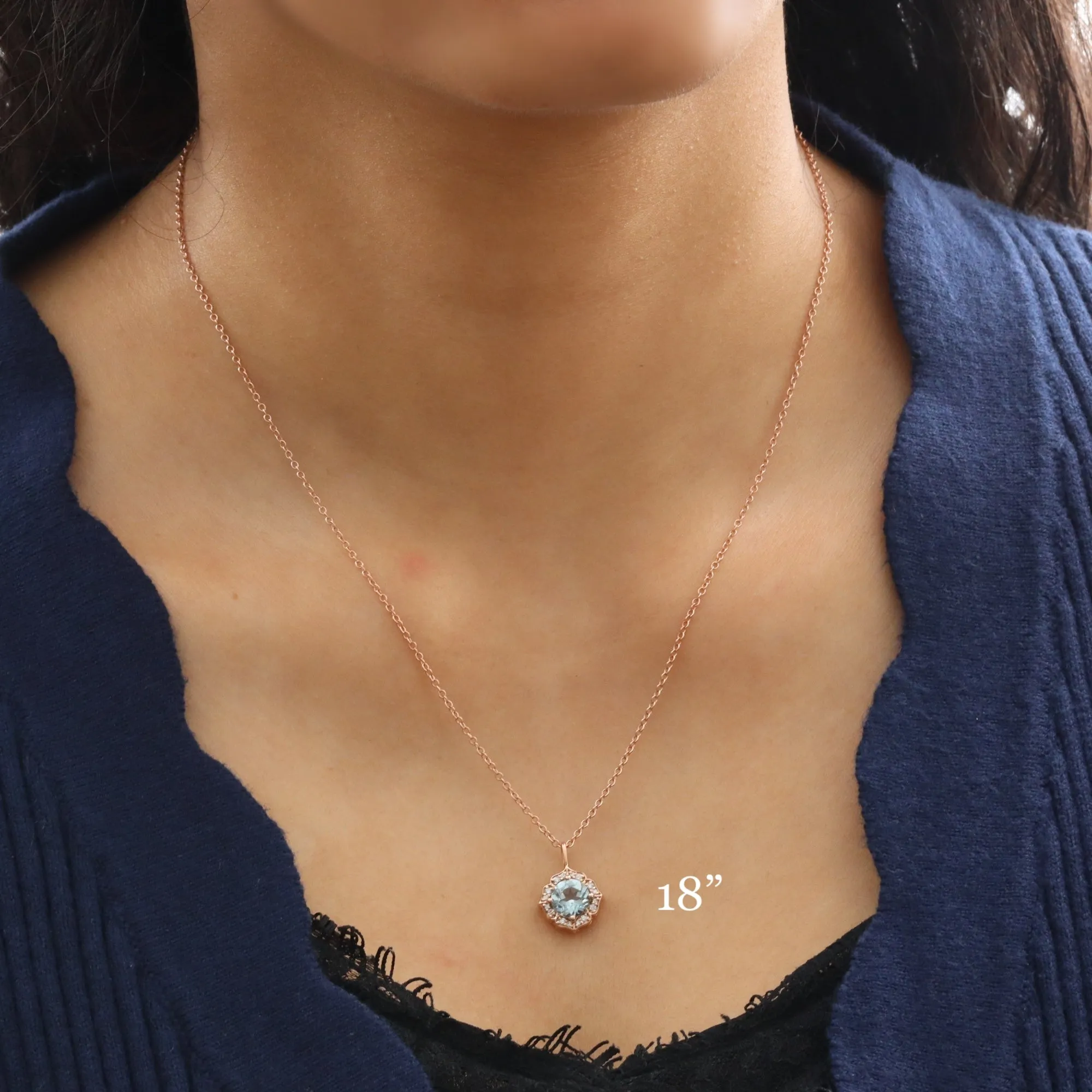 Halo Diamond Aquamarine Necklace in 14k Gold Vintage Floral Pendant