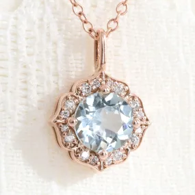Halo Diamond Aquamarine Necklace in 14k Gold Vintage Floral Pendant