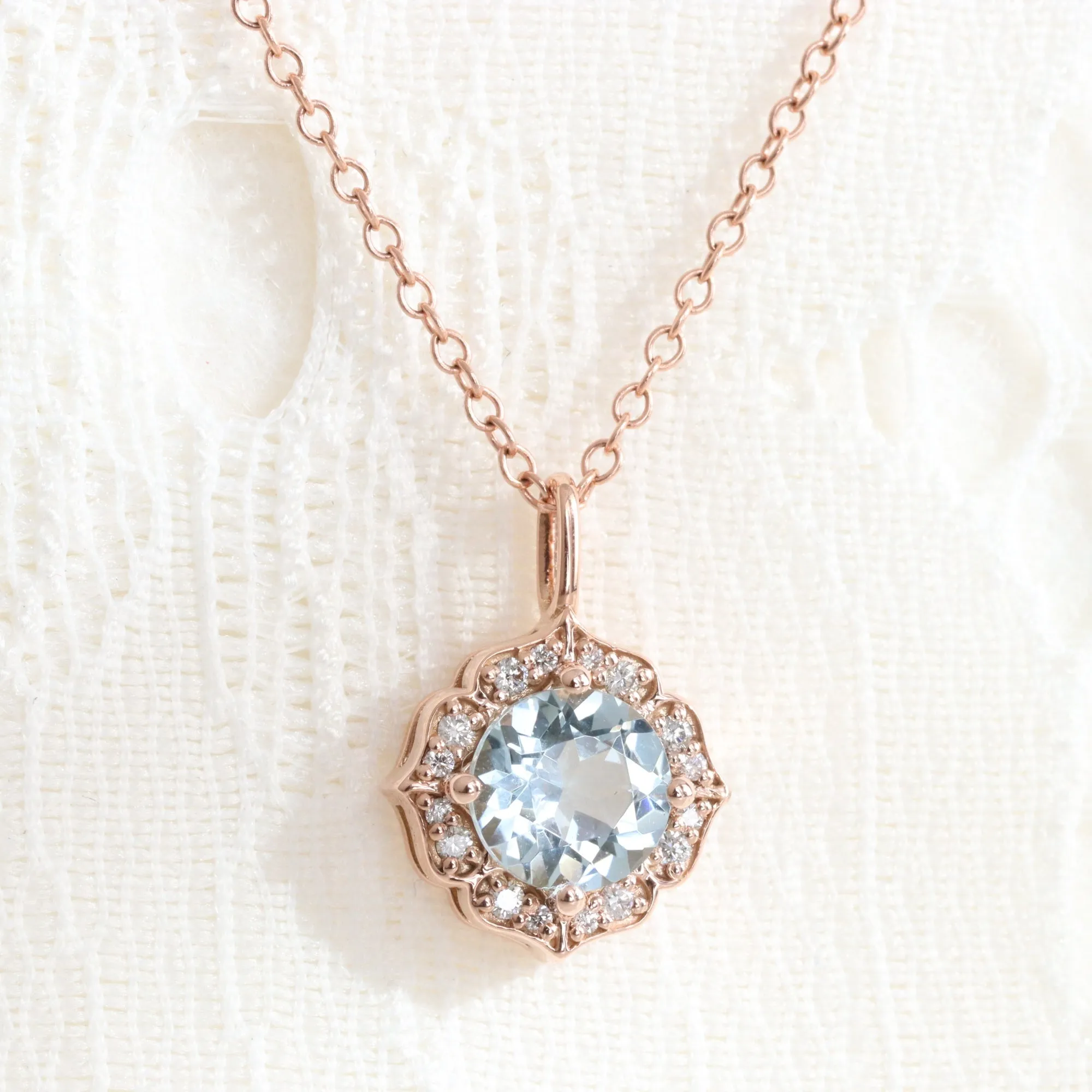 Halo Diamond Aquamarine Necklace in 14k Gold Vintage Floral Pendant