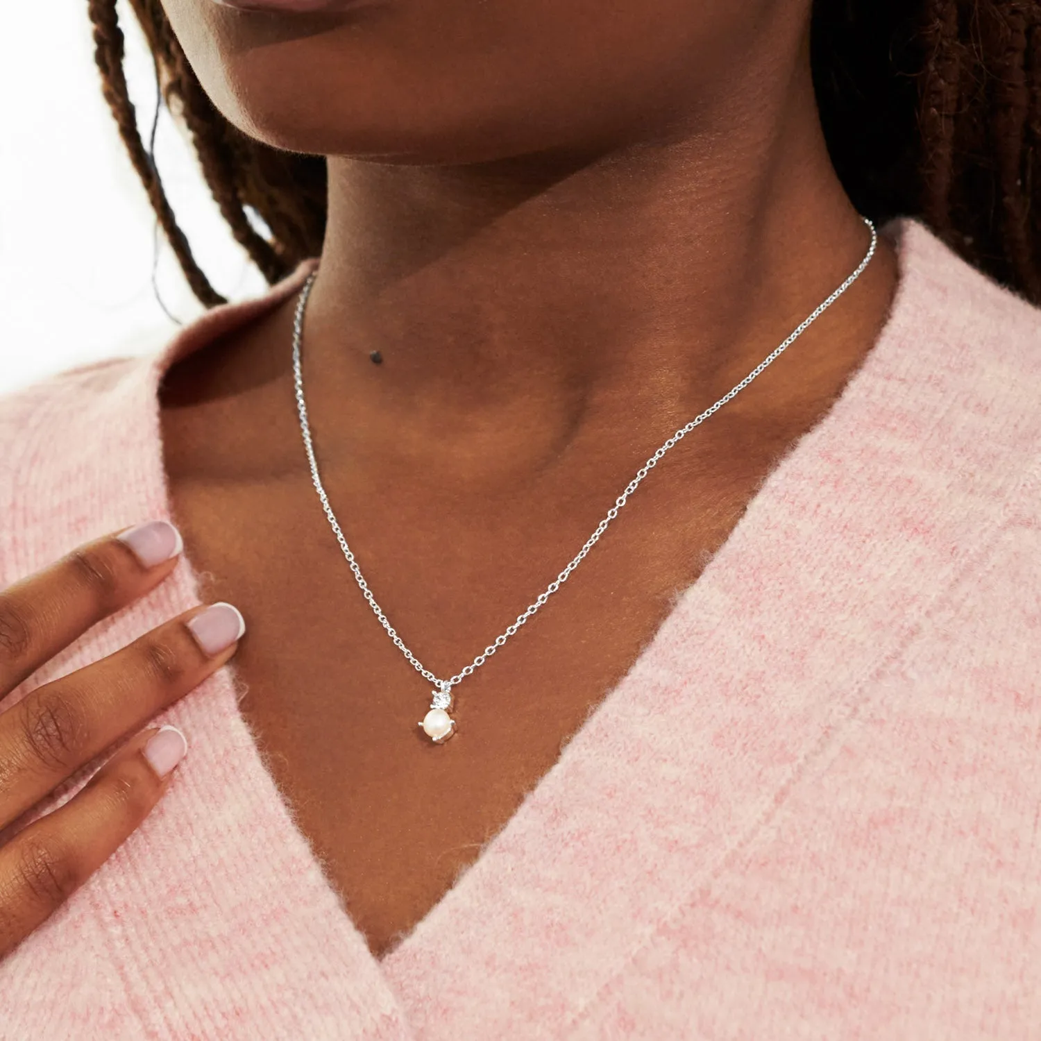 Halo Pearl Cubic Zirconia & Pearl Pendant Silver Plated Necklace 7838