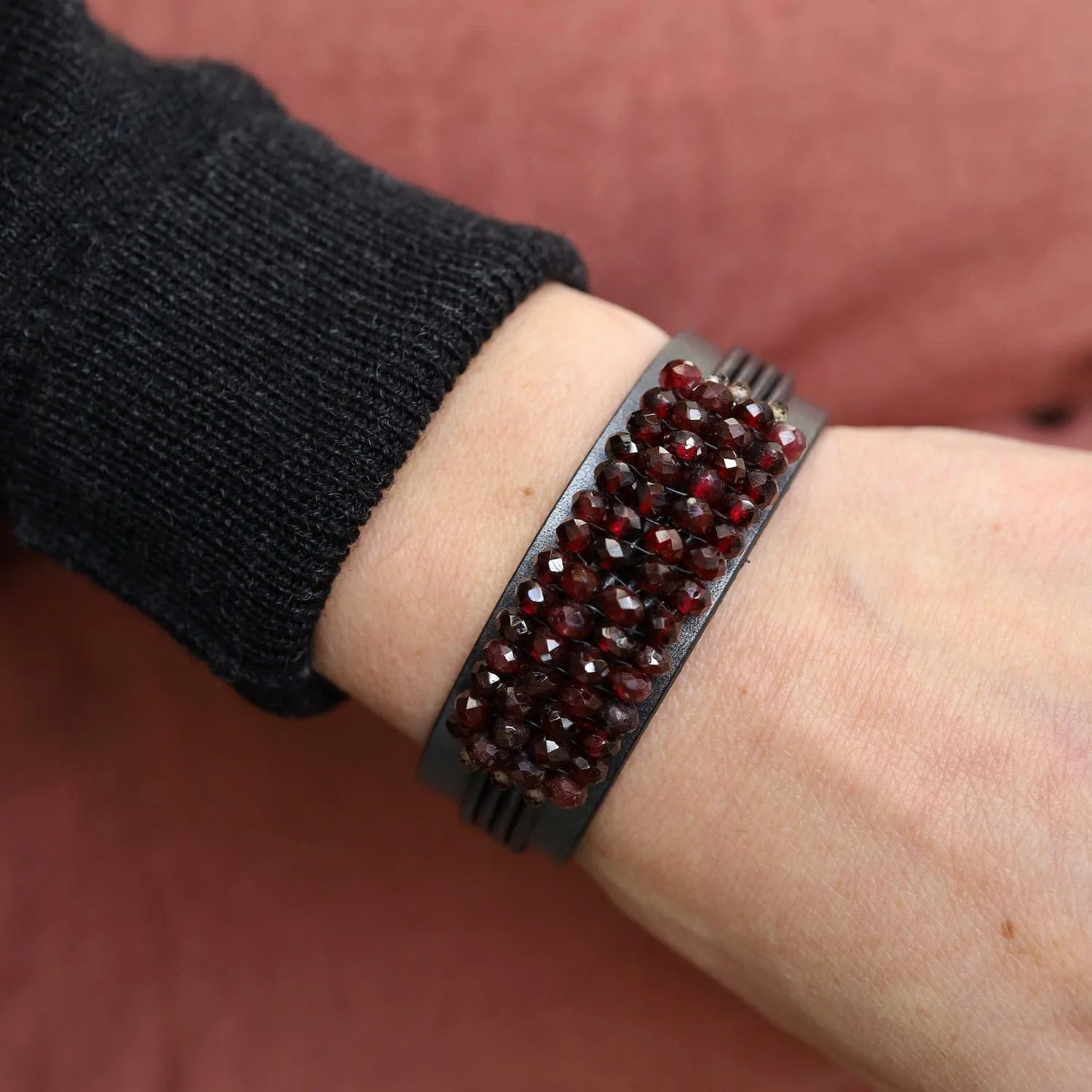 Hand Stitched Faceted Garnet with Spinel Trim on Multi Graphite Leather Bracelet