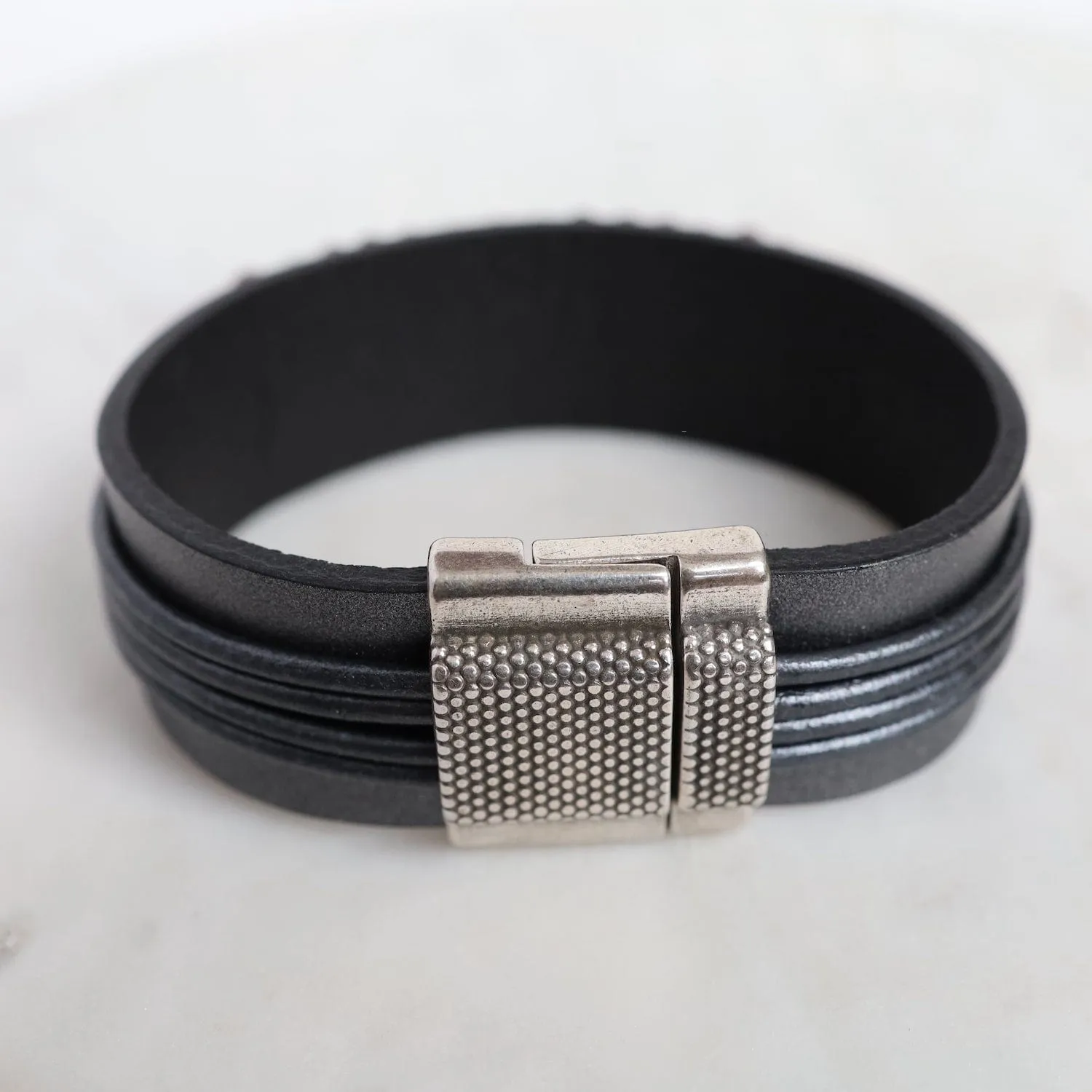 Hand Stitched Faceted Garnet with Spinel Trim on Multi Graphite Leather Bracelet