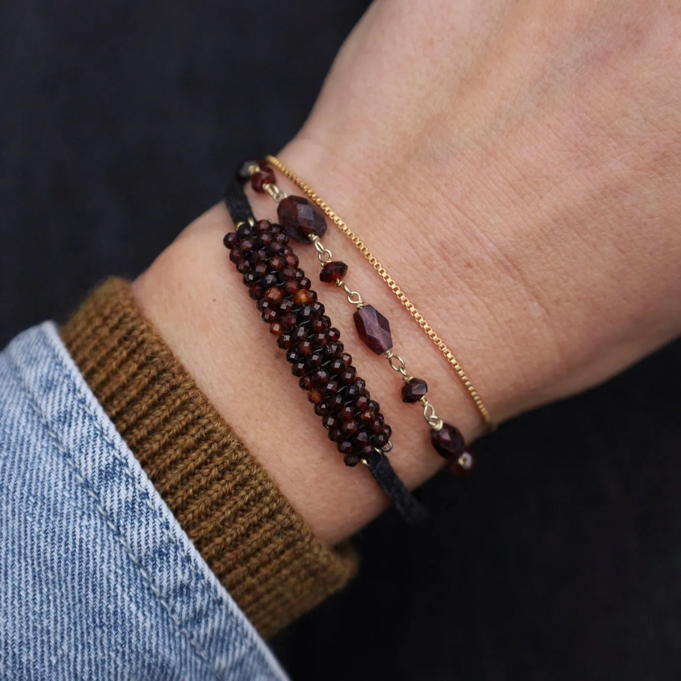 Hand Stitched Garnet & Garnet Bead Chain Bracelet