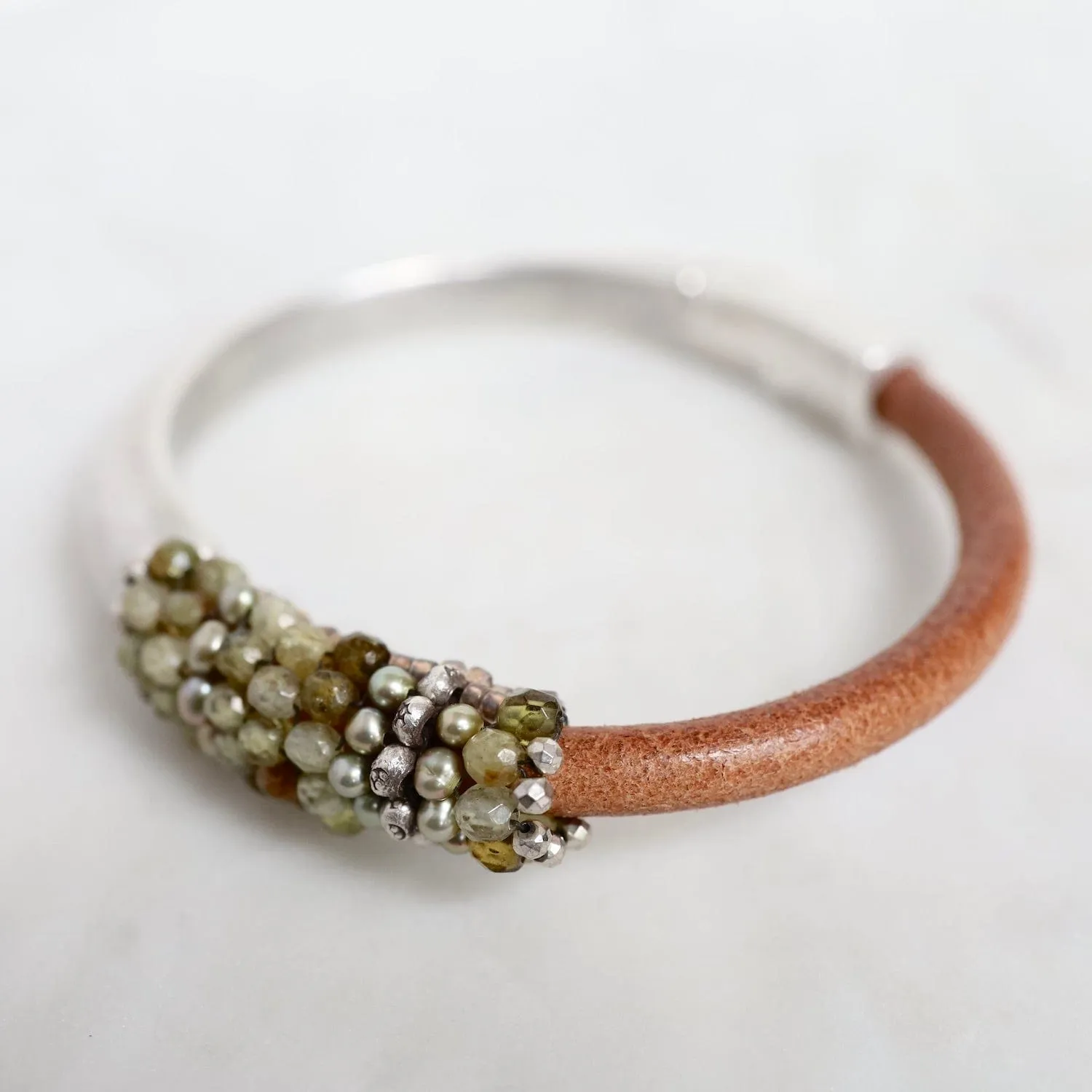 Hand Stitched Green Garnet & Green Pearls on Natural Leather & Silver 1/2 Cuff