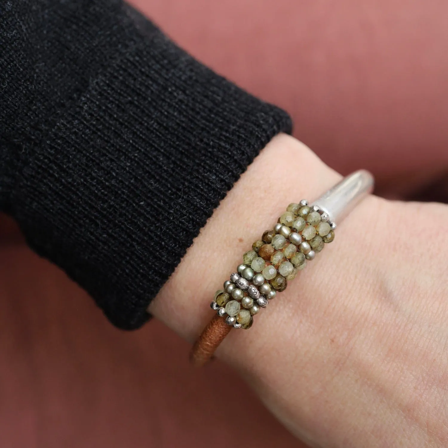 Hand Stitched Green Garnet & Green Pearls on Natural Leather & Silver 1/2 Cuff