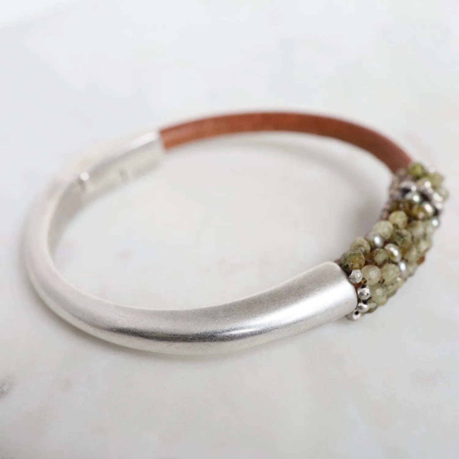 Hand Stitched Green Garnet & Green Pearls on Natural Leather & Silver 1/2 Cuff