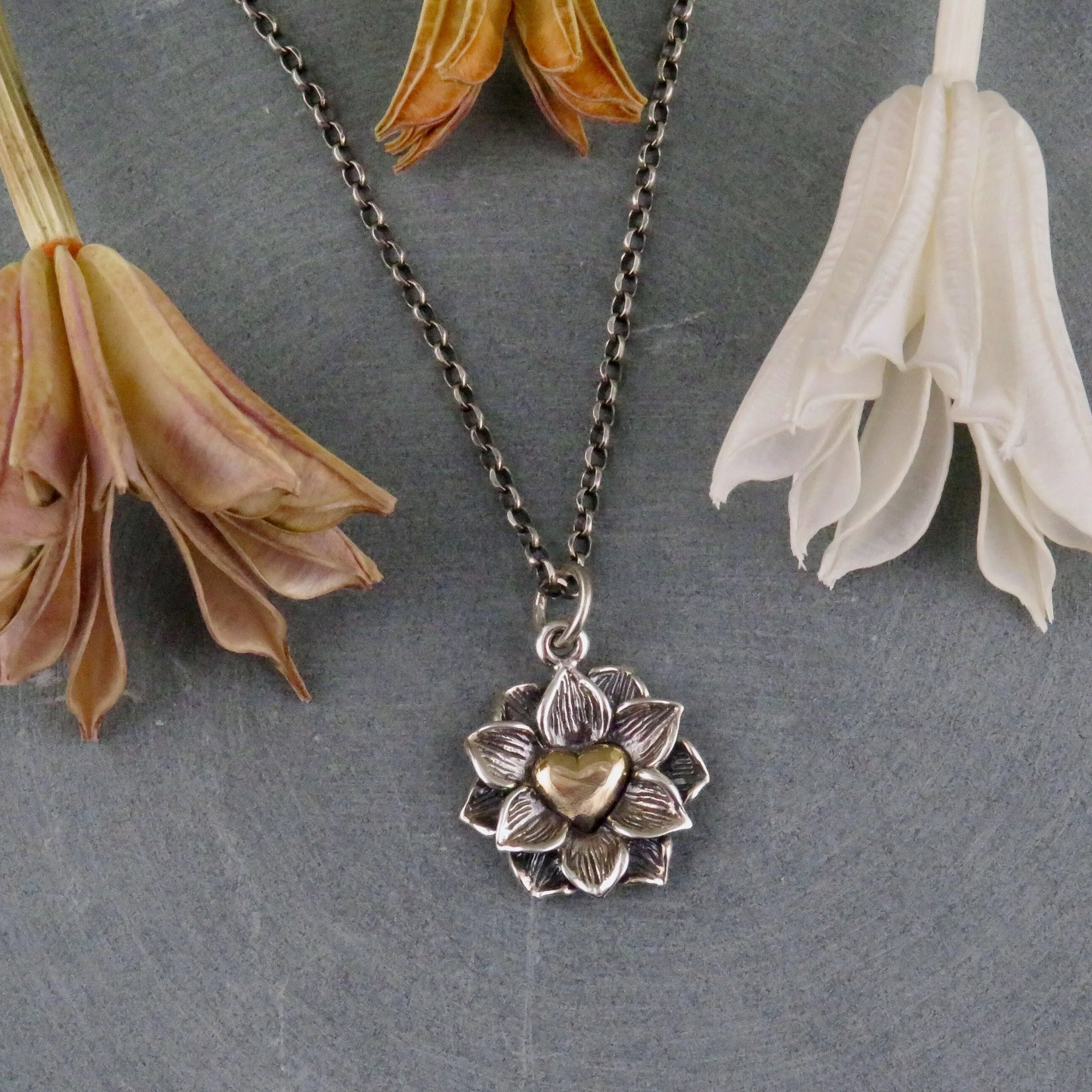 Heart in Lotus Mixed Metal Necklace