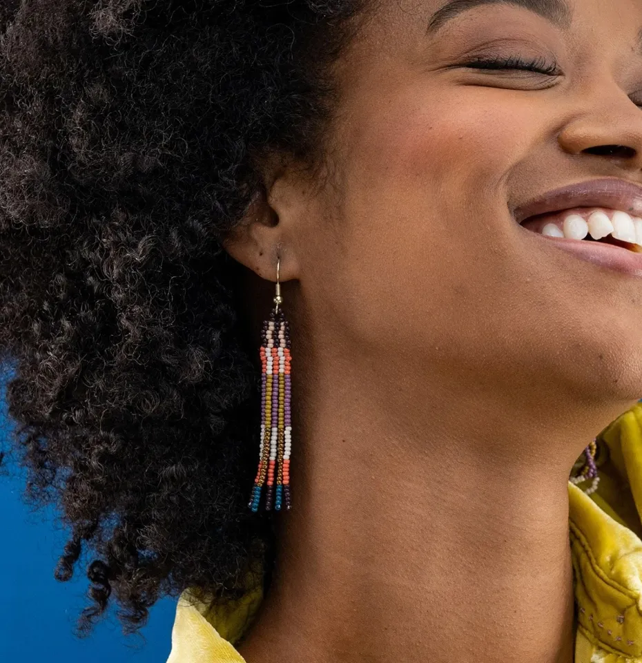 Ink   Alloy Melissa Alternating Two Color Grids Petite Beaded Fringe Earrings Citron   Coral
