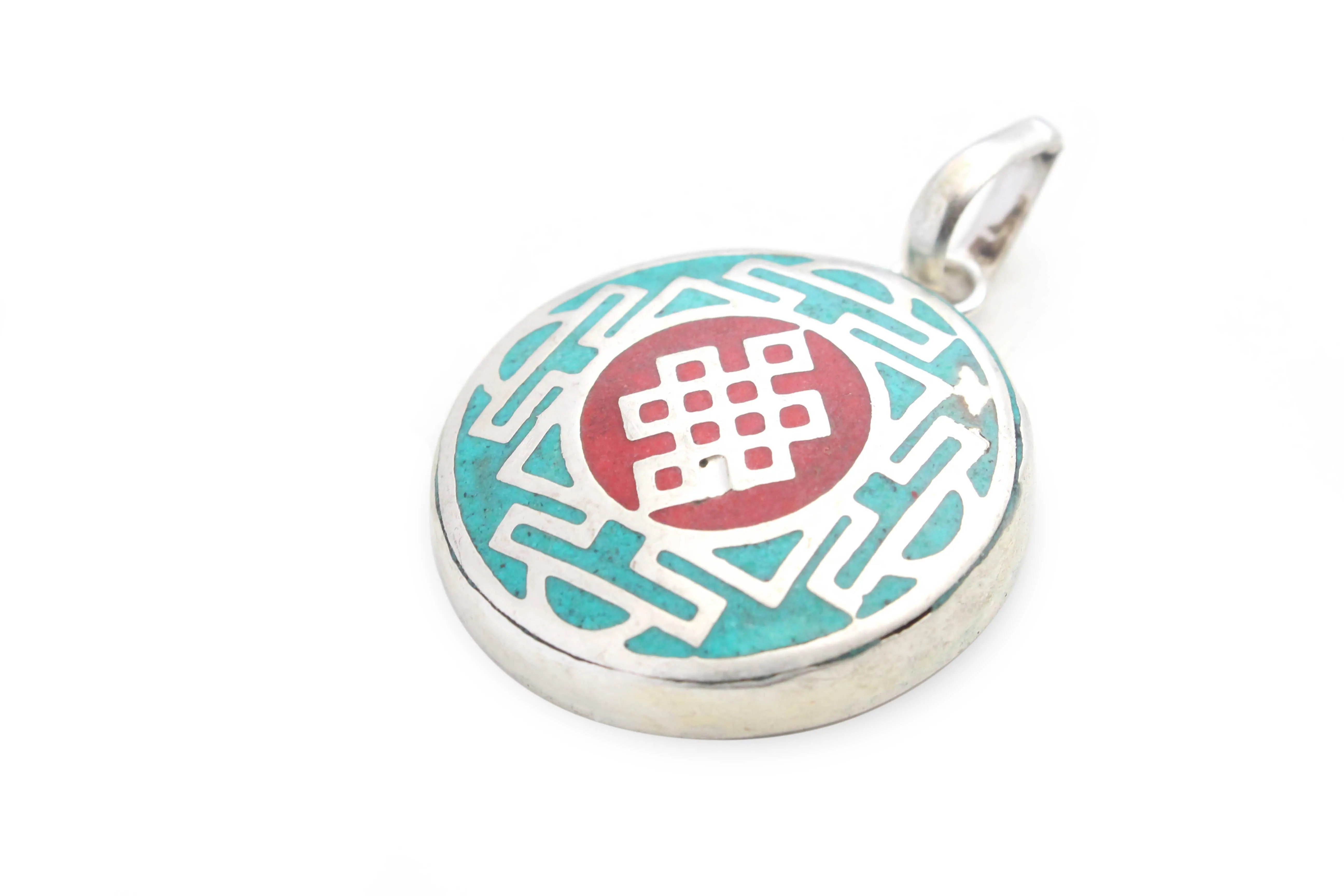 Inlaid White Metal Endless Knot Pendant