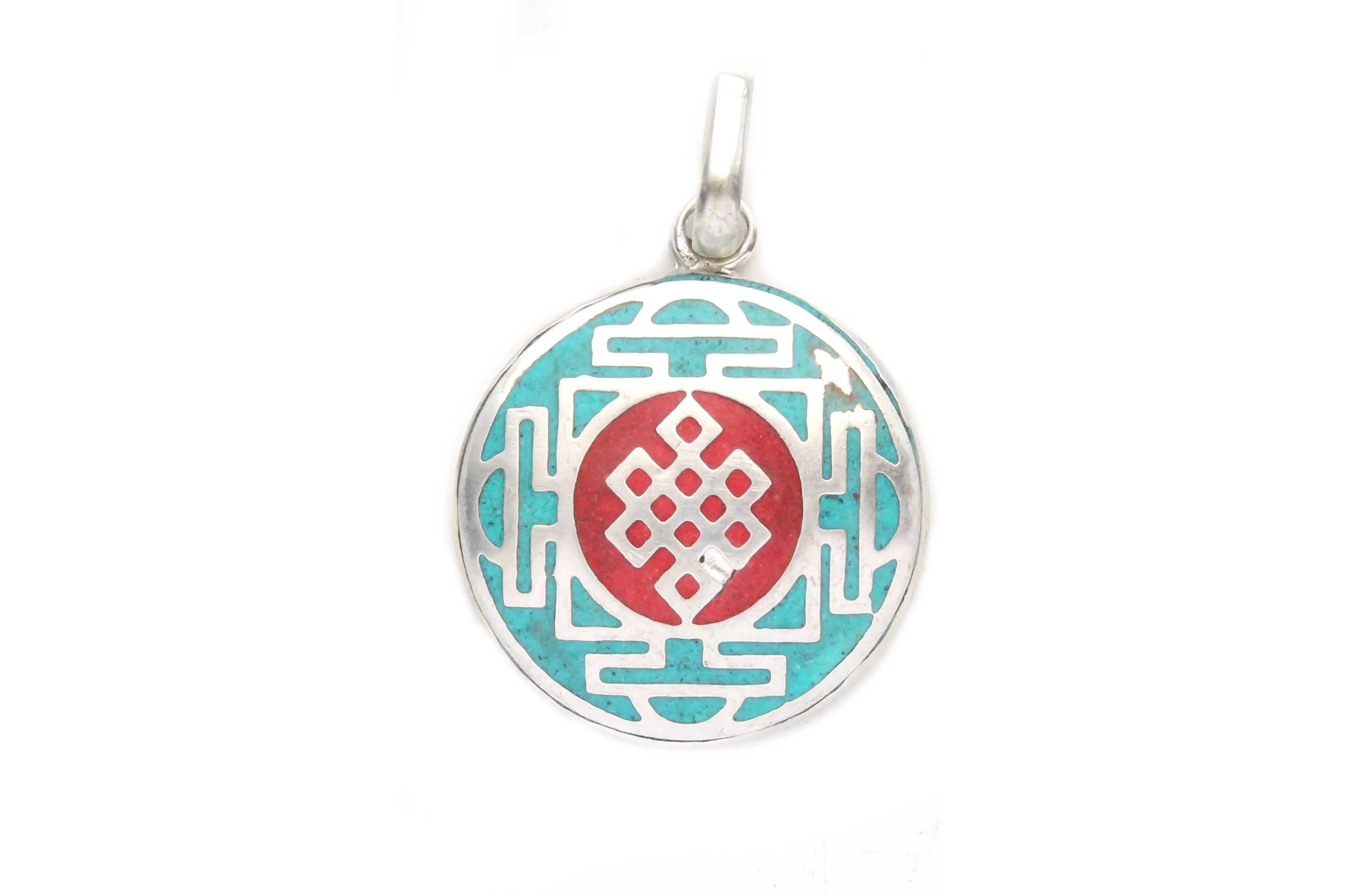 Inlaid White Metal Endless Knot Pendant