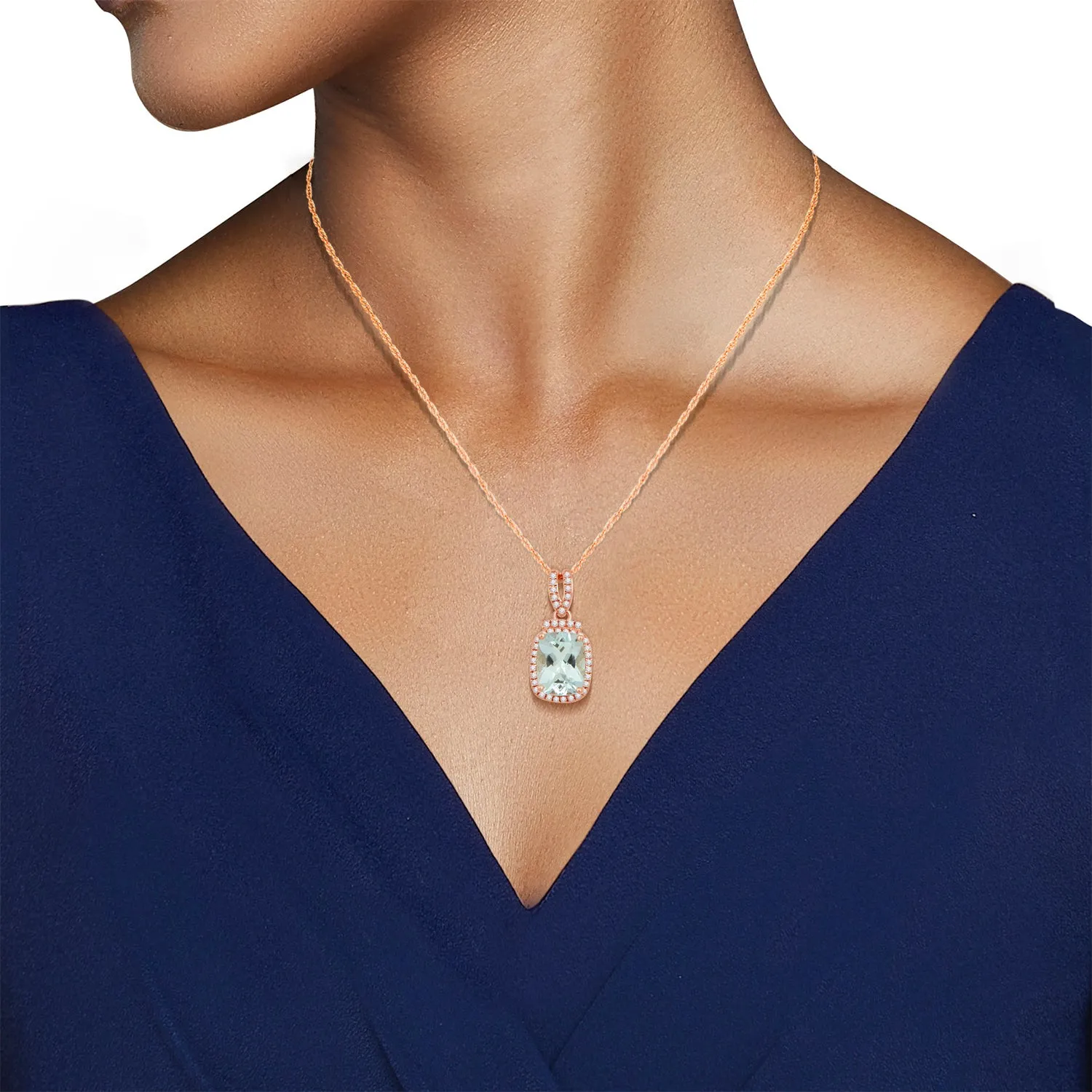 Jewelili 10K Rose Gold With Cushion Shape Aquamarine and CTTW Natural White Round Diamonds Pendant Necklace