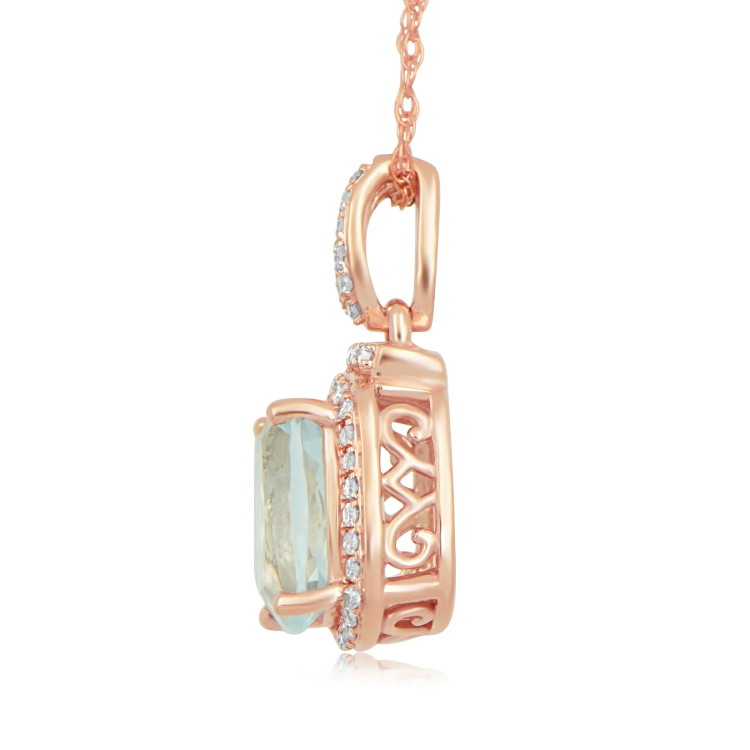 Jewelili 10K Rose Gold With Cushion Shape Aquamarine and CTTW Natural White Round Diamonds Pendant Necklace