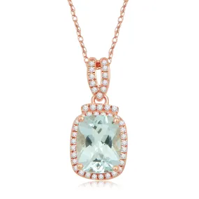 Jewelili 10K Rose Gold With Cushion Shape Aquamarine and CTTW Natural White Round Diamonds Pendant Necklace