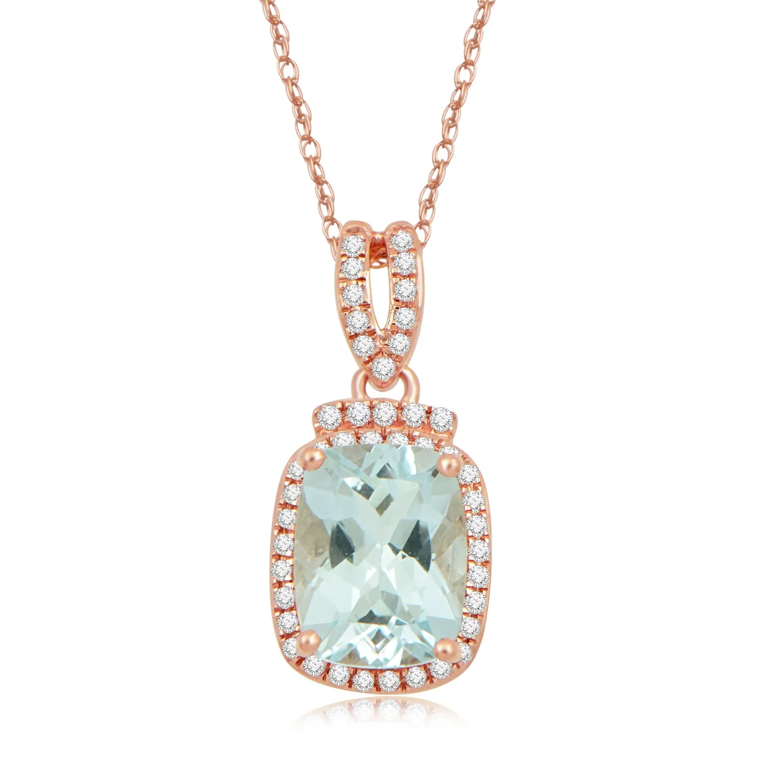 Jewelili 10K Rose Gold With Cushion Shape Aquamarine and CTTW Natural White Round Diamonds Pendant Necklace