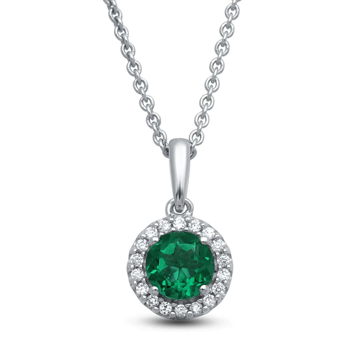 Jewelili Sterling Silver With Simulated Emerald and Round Cubic Zirconia Halo Pendant Necklace