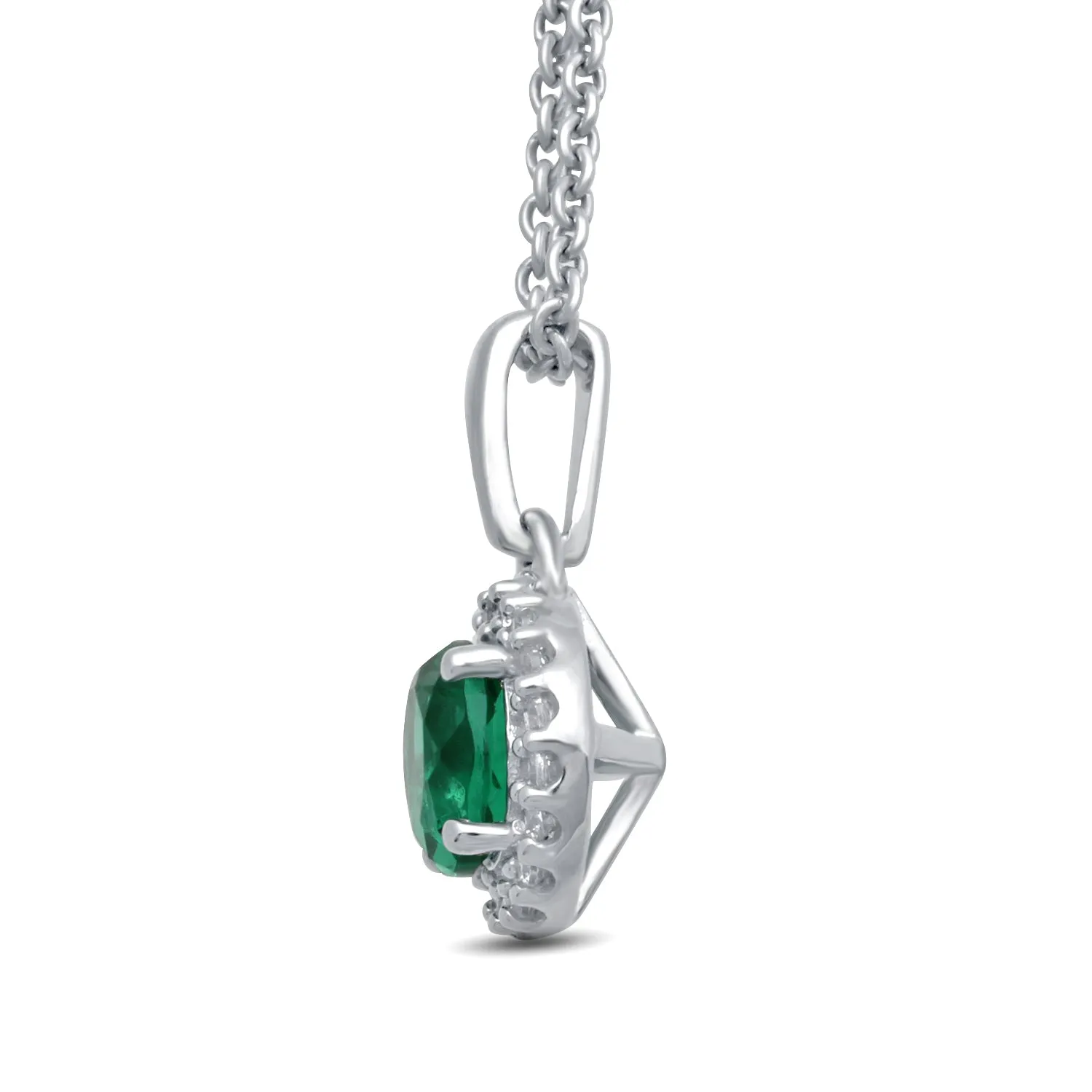 Jewelili Sterling Silver With Simulated Emerald and Round Cubic Zirconia Halo Pendant Necklace