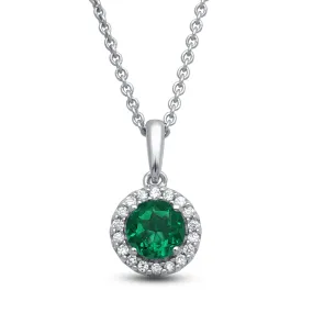 Jewelili Sterling Silver With Simulated Emerald and Round Cubic Zirconia Halo Pendant Necklace
