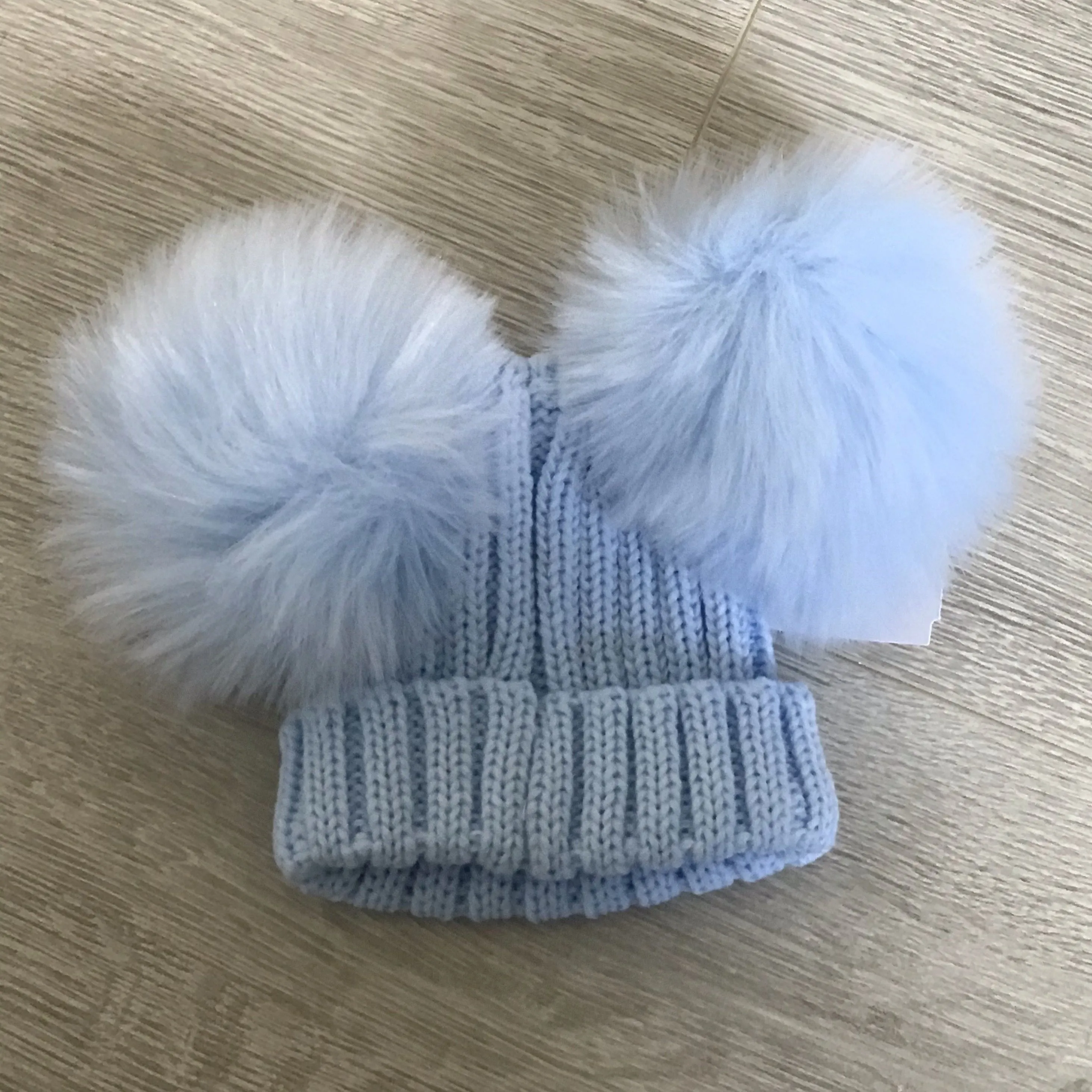 Kinder Faux Fur Double Pompom Ribbed Hat Baby Blue