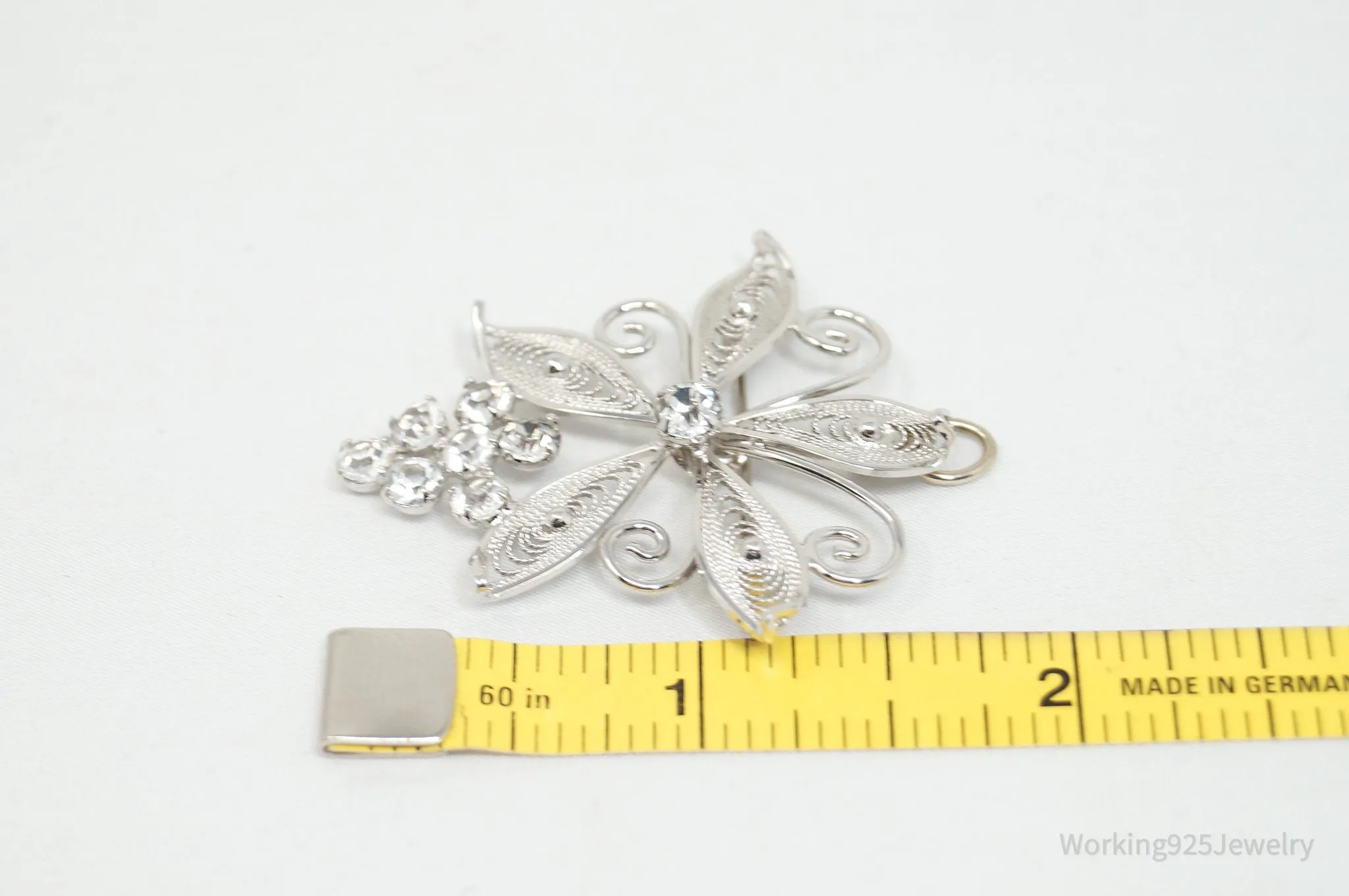 Large Vintage Designer Ann Lee Rhinestone Floral Sterling Silver Brooch Pendant
