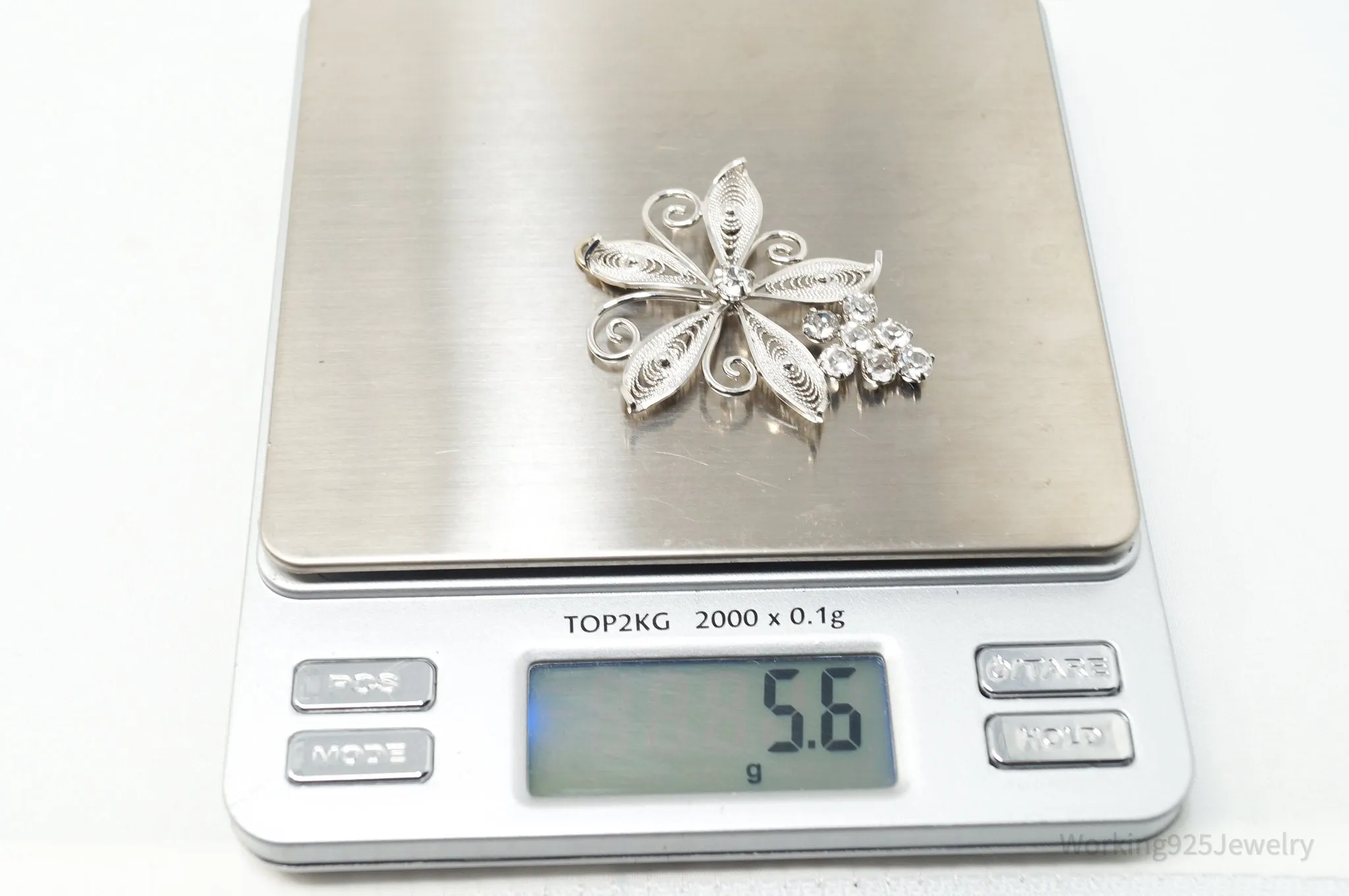 Large Vintage Designer Ann Lee Rhinestone Floral Sterling Silver Brooch Pendant