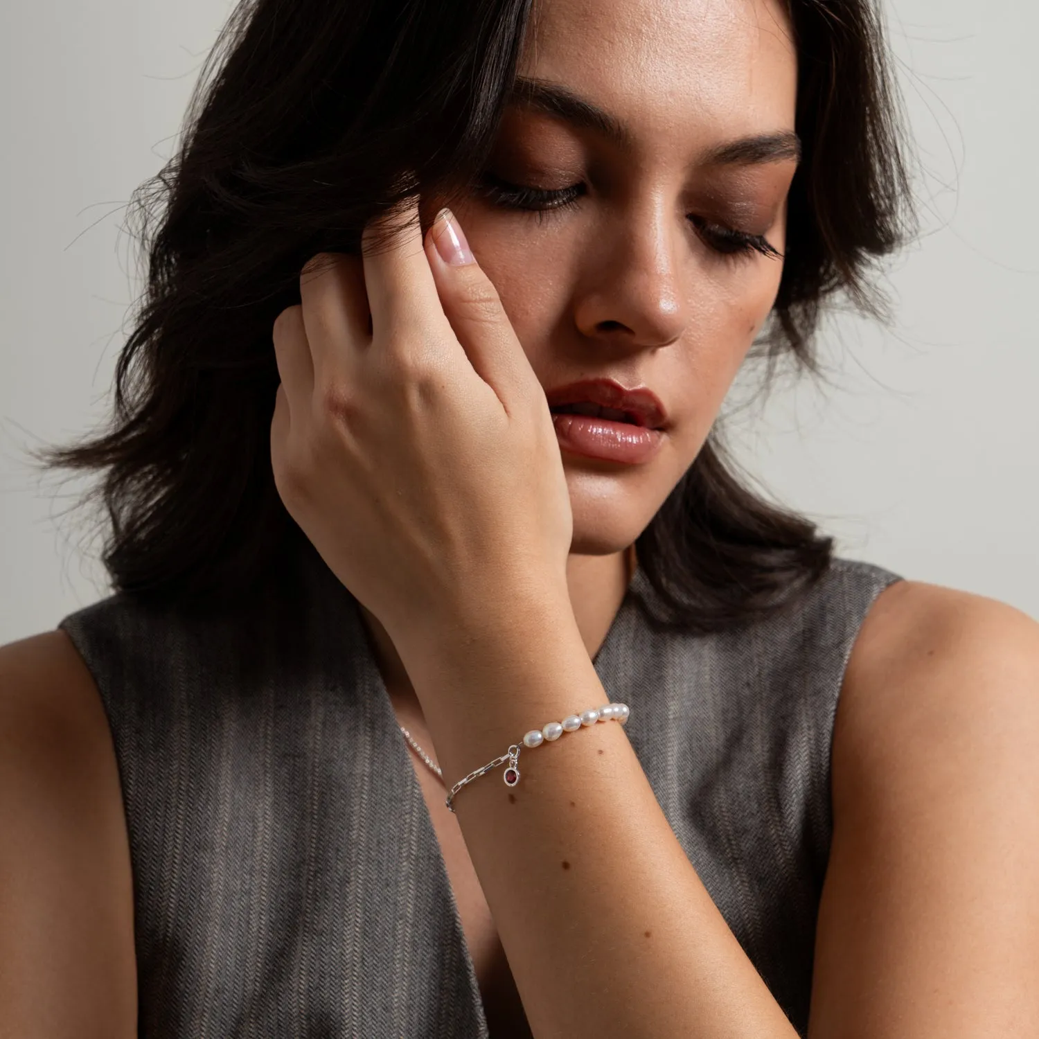 Luna White Pearl, Chain and Garnet Drop Bracelet