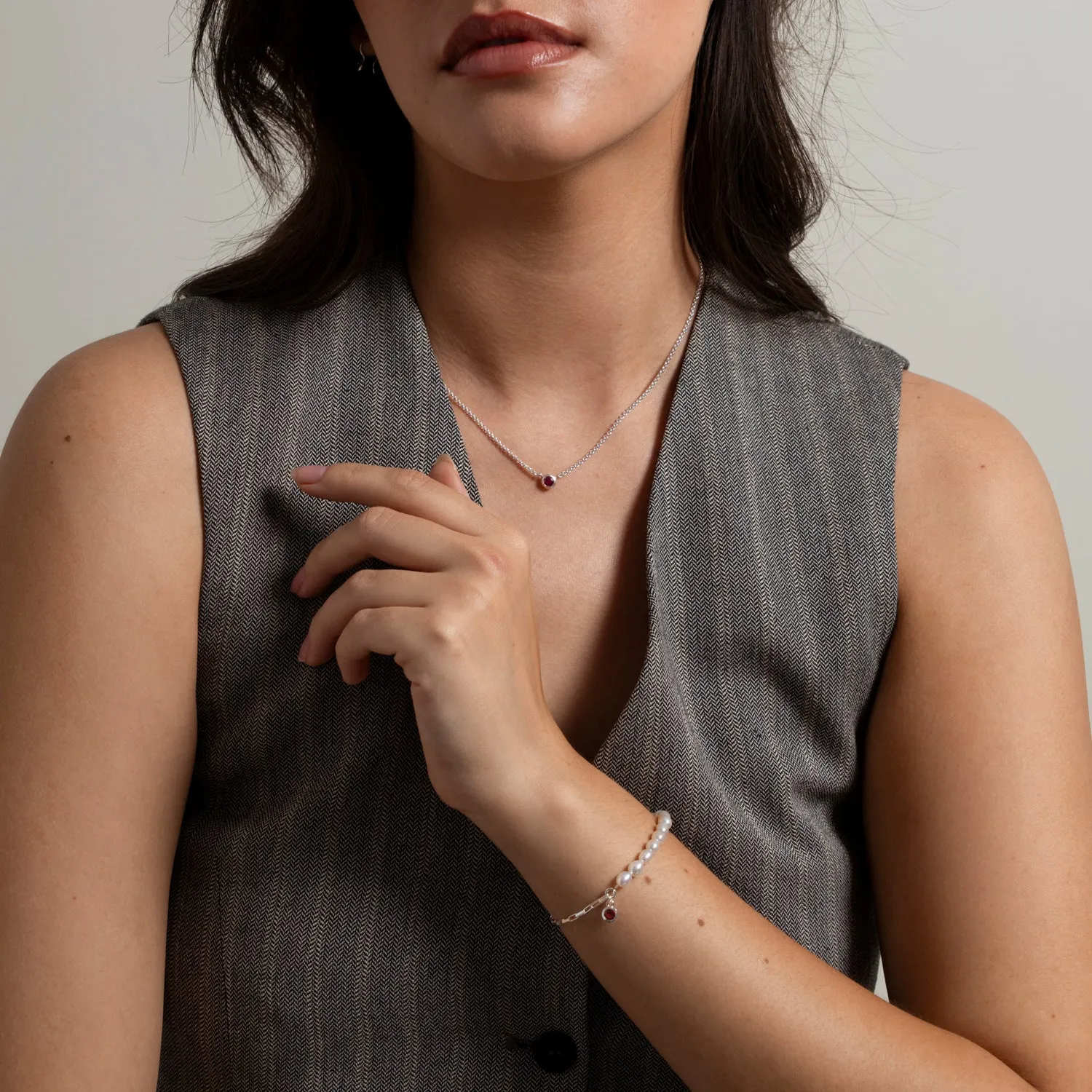 Luna White Pearl, Chain and Garnet Drop Bracelet