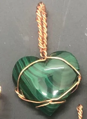 Malachite Heart Crystal Copper Wirewrapped Pendant
