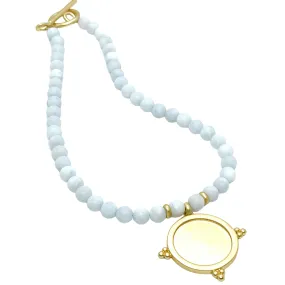 Matte Aquamarine Beaded Necklace With Large Mate Gold Starburst Pendant