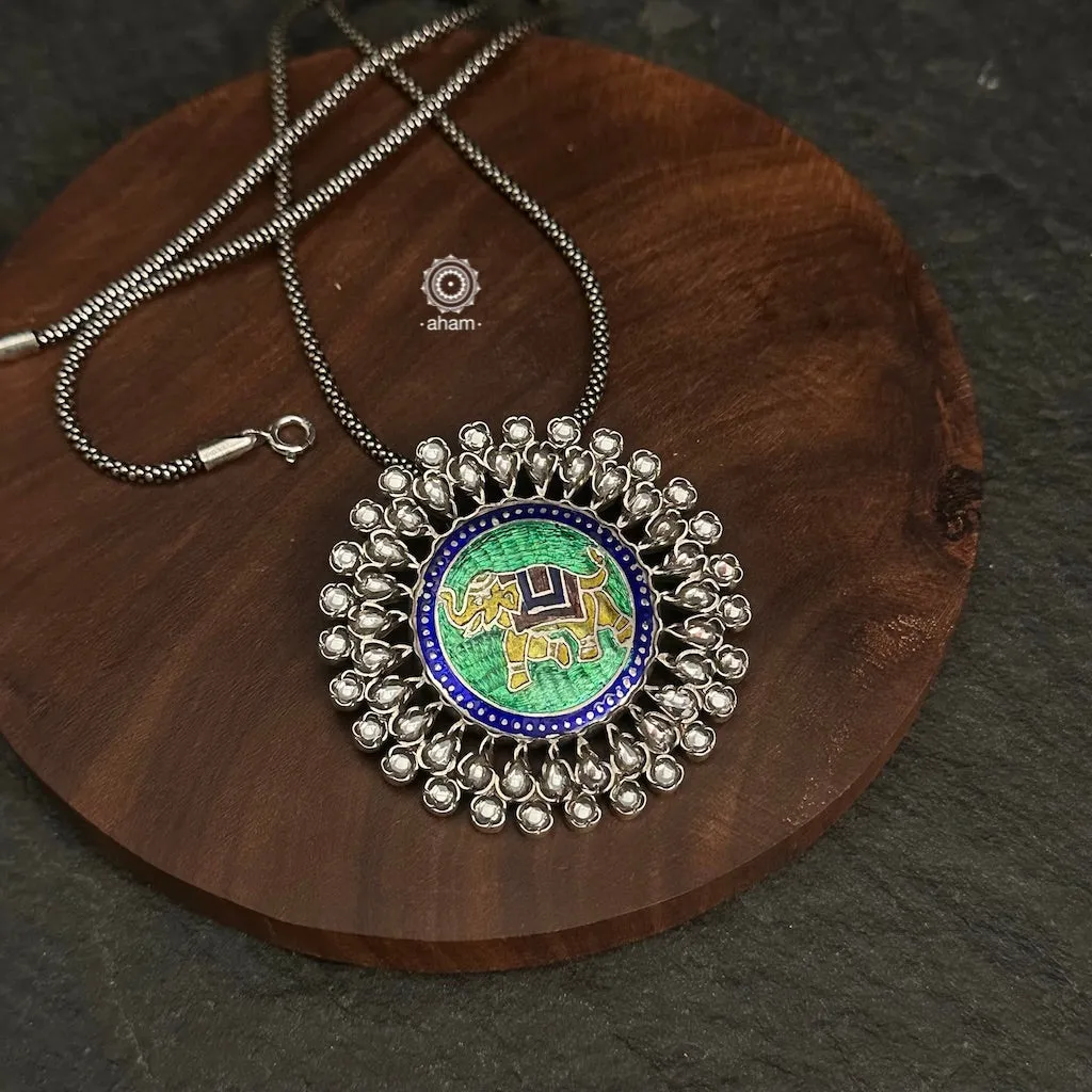 Meenakari Elephant Silver Pendant