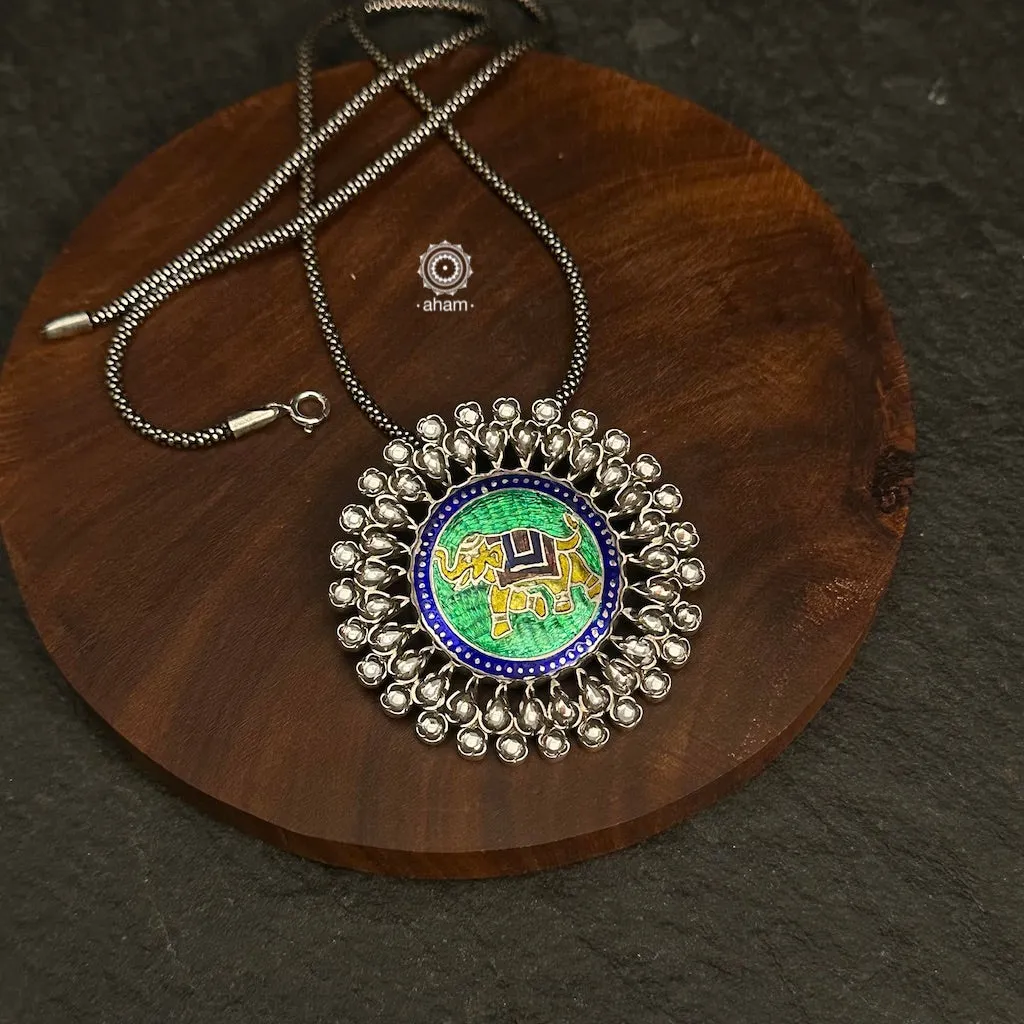 Meenakari Elephant Silver Pendant