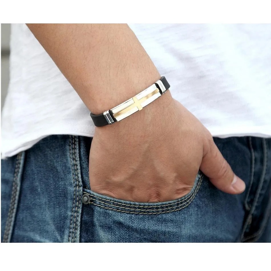 Men's Cross Bracelet <br> Silicone Gold