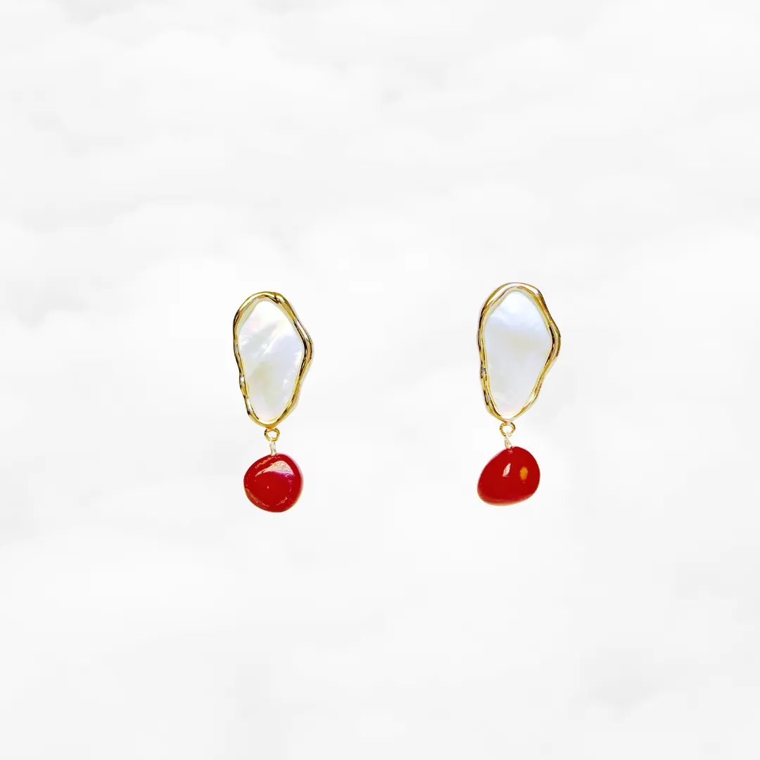 Mother Pearl and Red Coral Cluster Earrings Gold