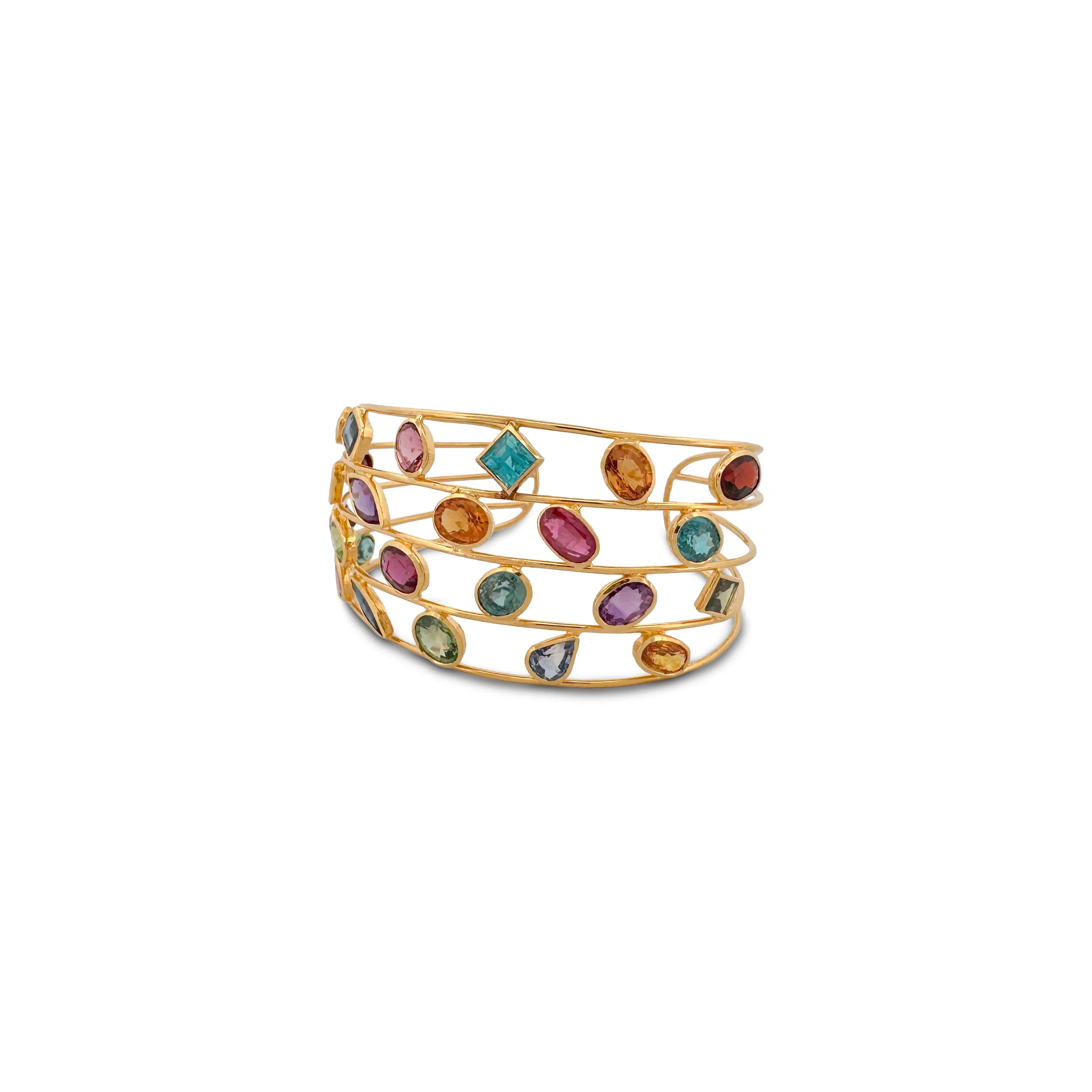 Multi-Gemstone Wire Cuff Bracelet in 18k Yellow Gold