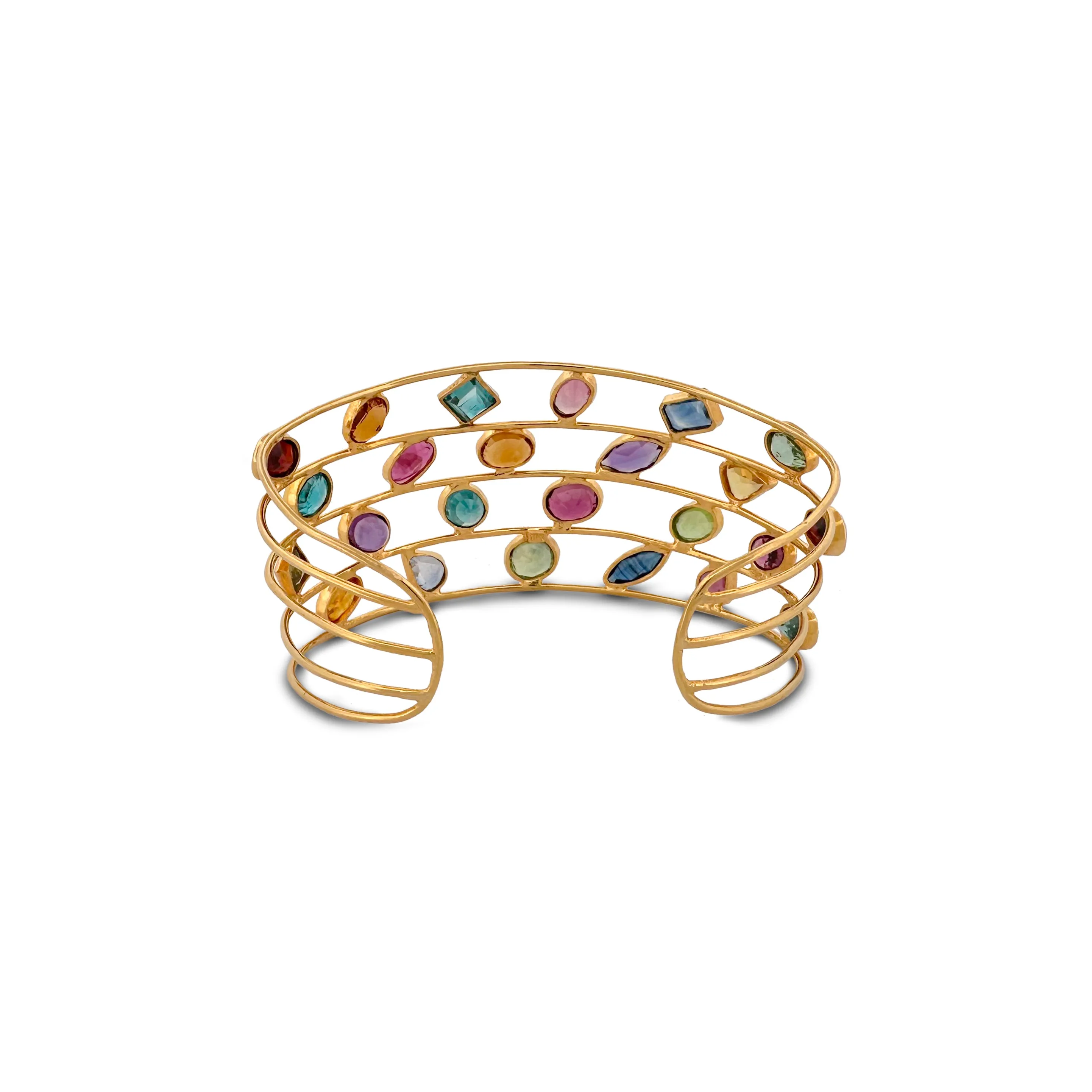 Multi-Gemstone Wire Cuff Bracelet in 18k Yellow Gold
