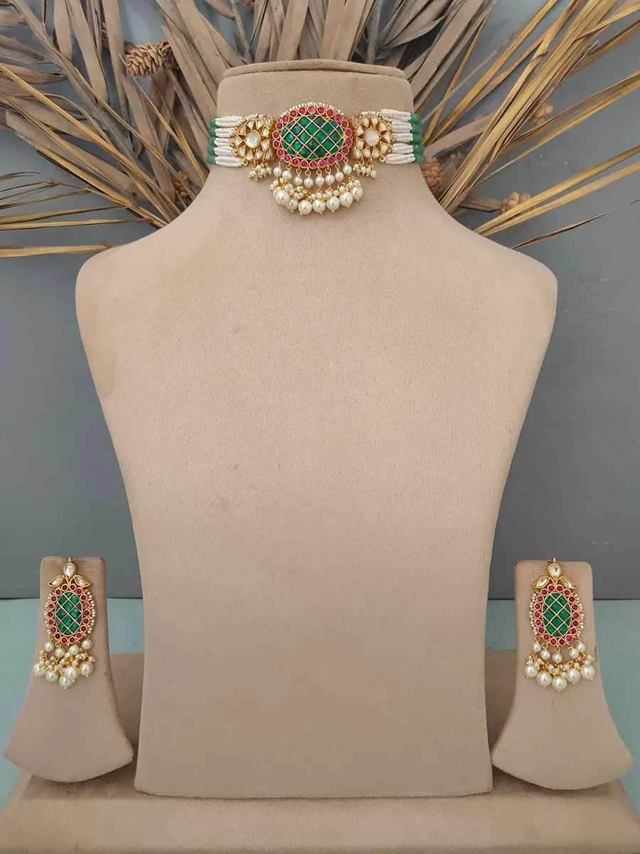 Multicolor Gold Plated Jadau Kundan Necklace Set - MS1398M