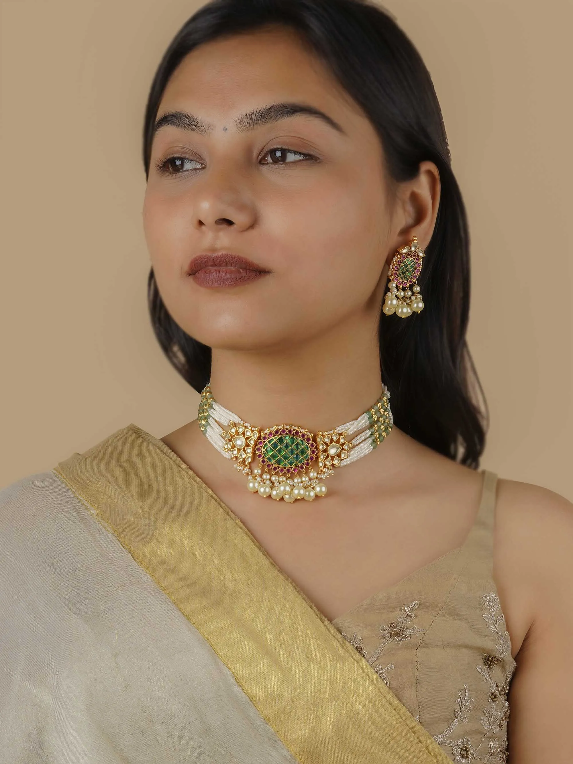 Multicolor Gold Plated Jadau Kundan Necklace Set - MS1398M