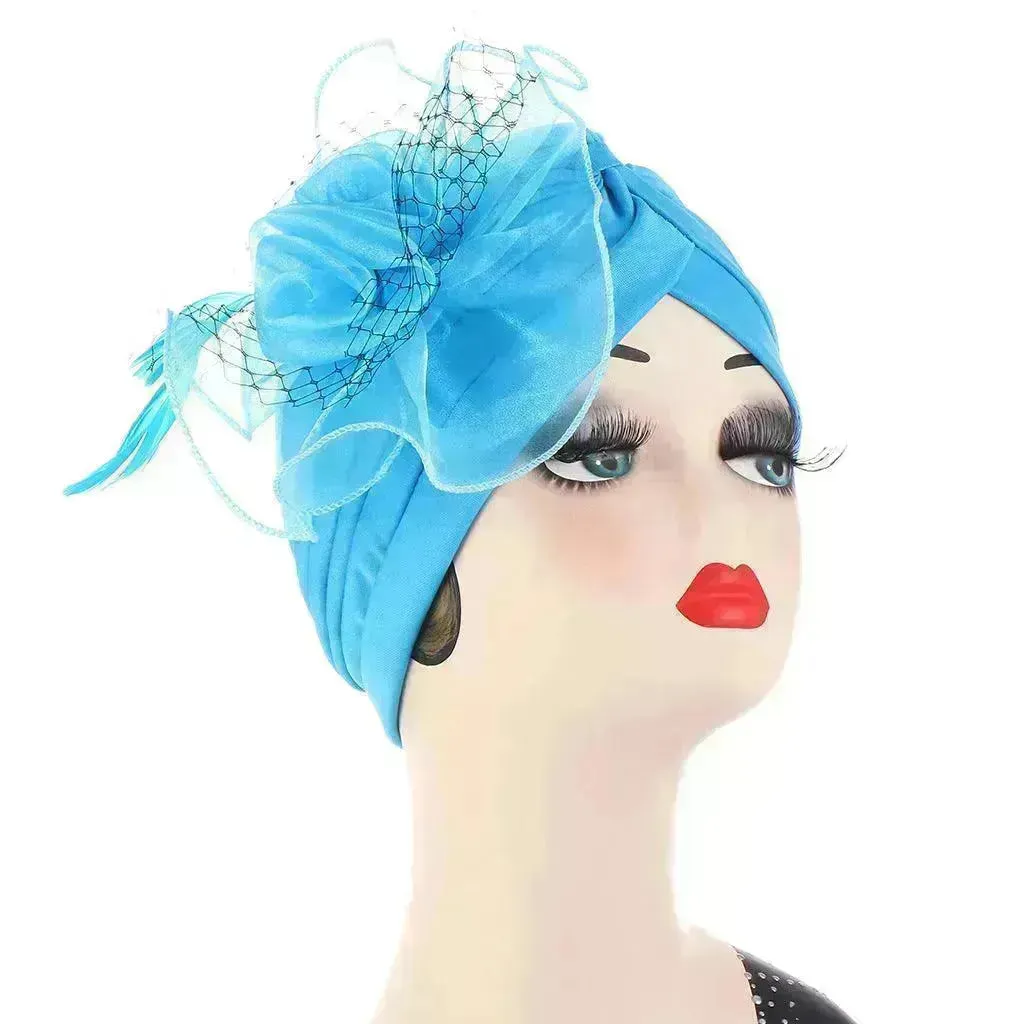 Multicolor Mesh Matching Feather Flower Arab  Hat