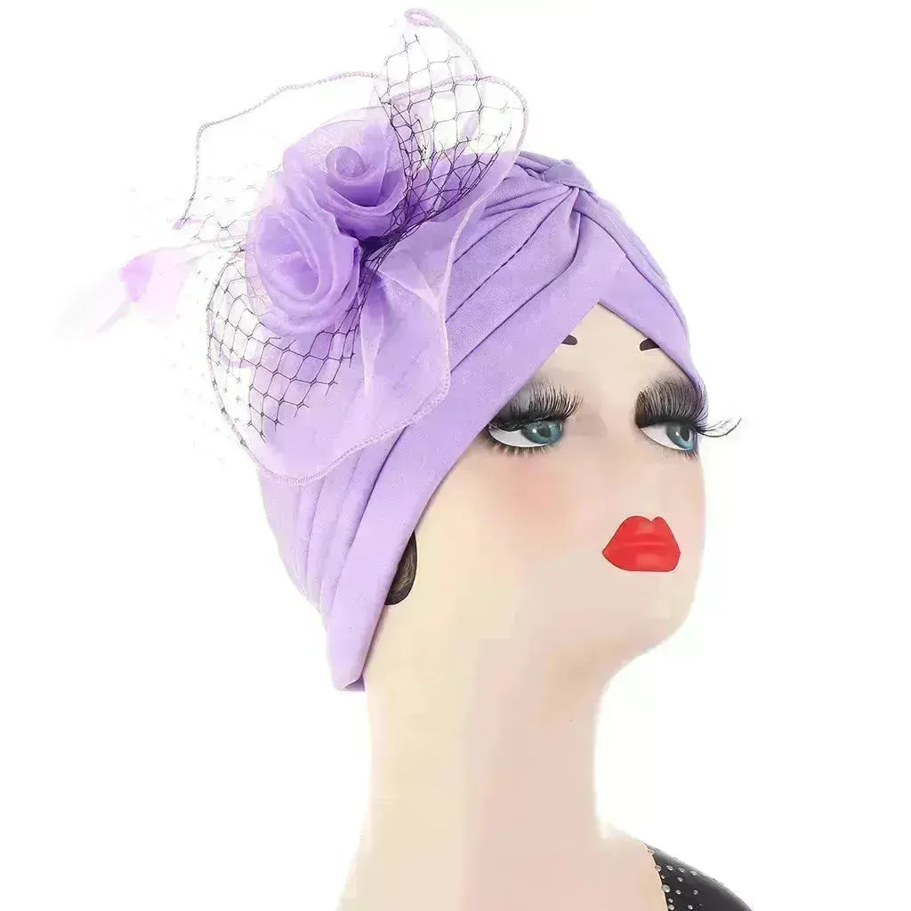 Multicolor Mesh Matching Feather Flower Arab  Hat