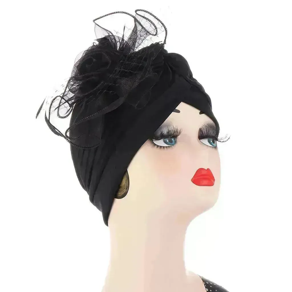 Multicolor Mesh Matching Feather Flower Arab  Hat