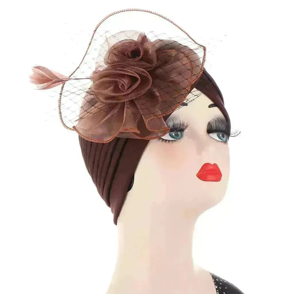 Multicolor Mesh Matching Feather Flower Arab  Hat