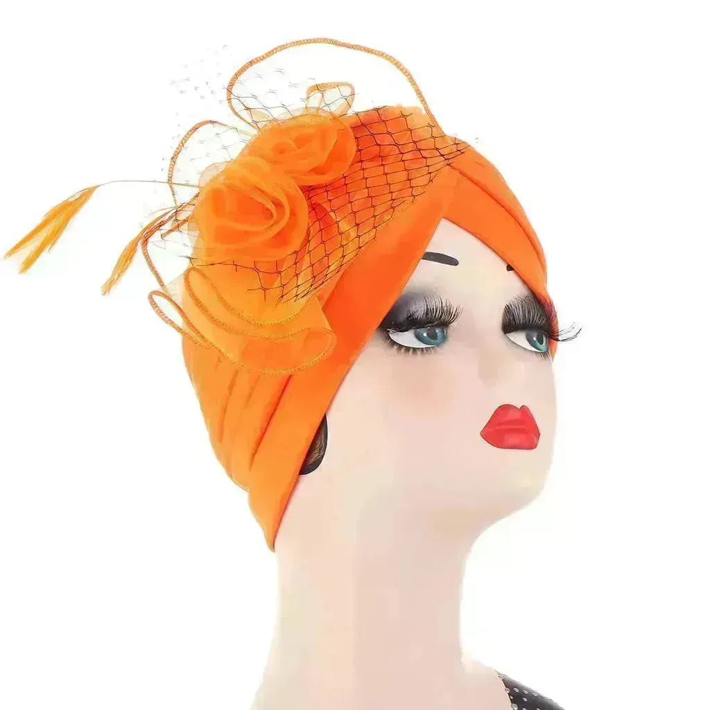 Multicolor Mesh Matching Feather Flower Arab  Hat