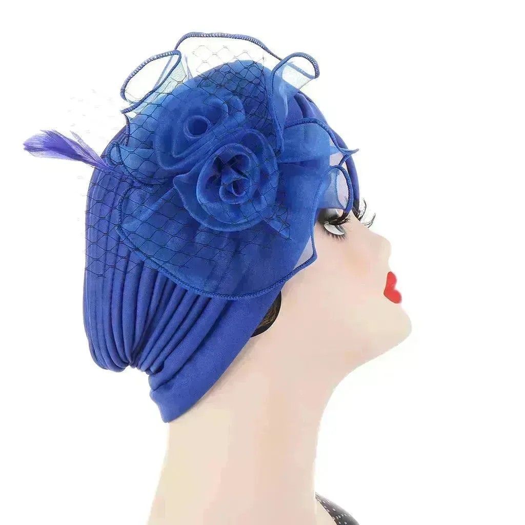 Multicolor Mesh Matching Feather Flower Arab  Hat