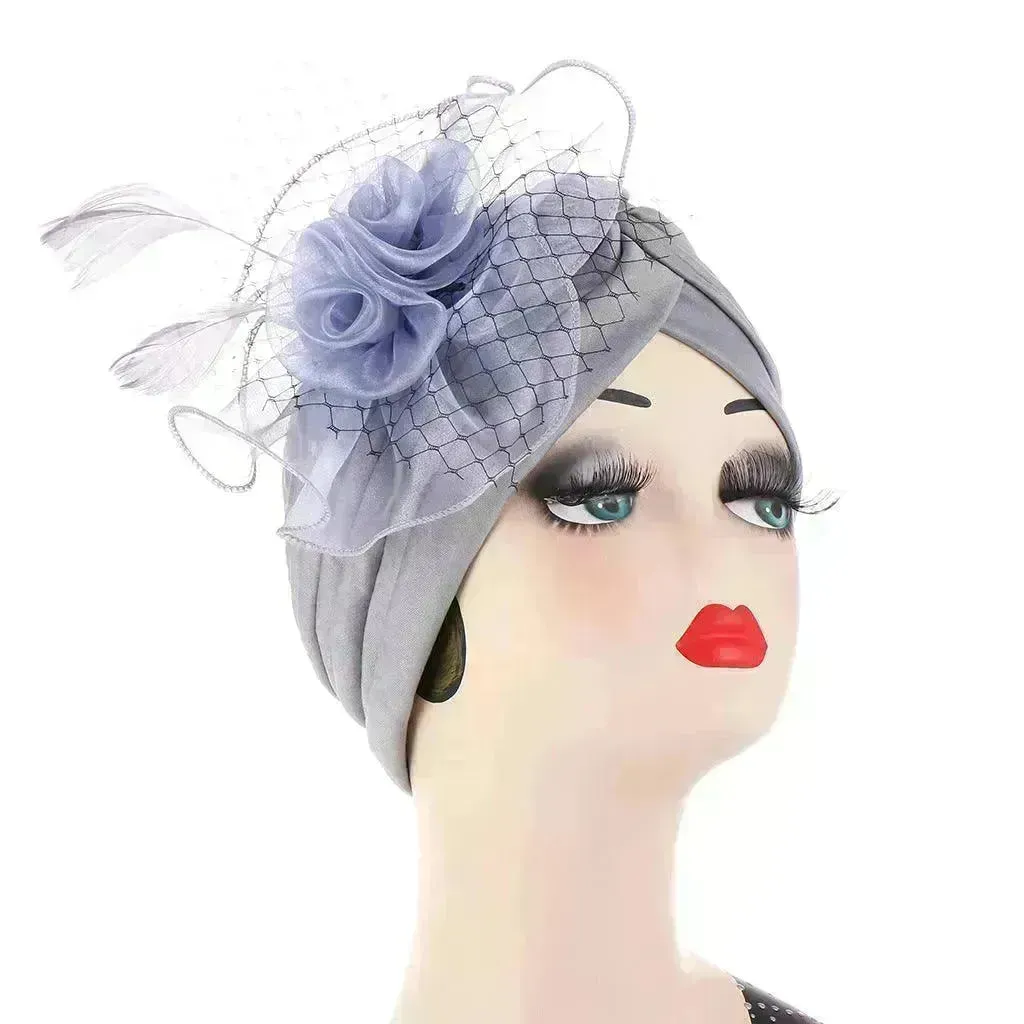Multicolor Mesh Matching Feather Flower Arab  Hat