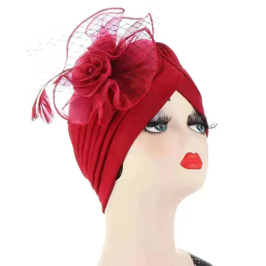 Multicolor Mesh Matching Feather Flower Arab  Hat