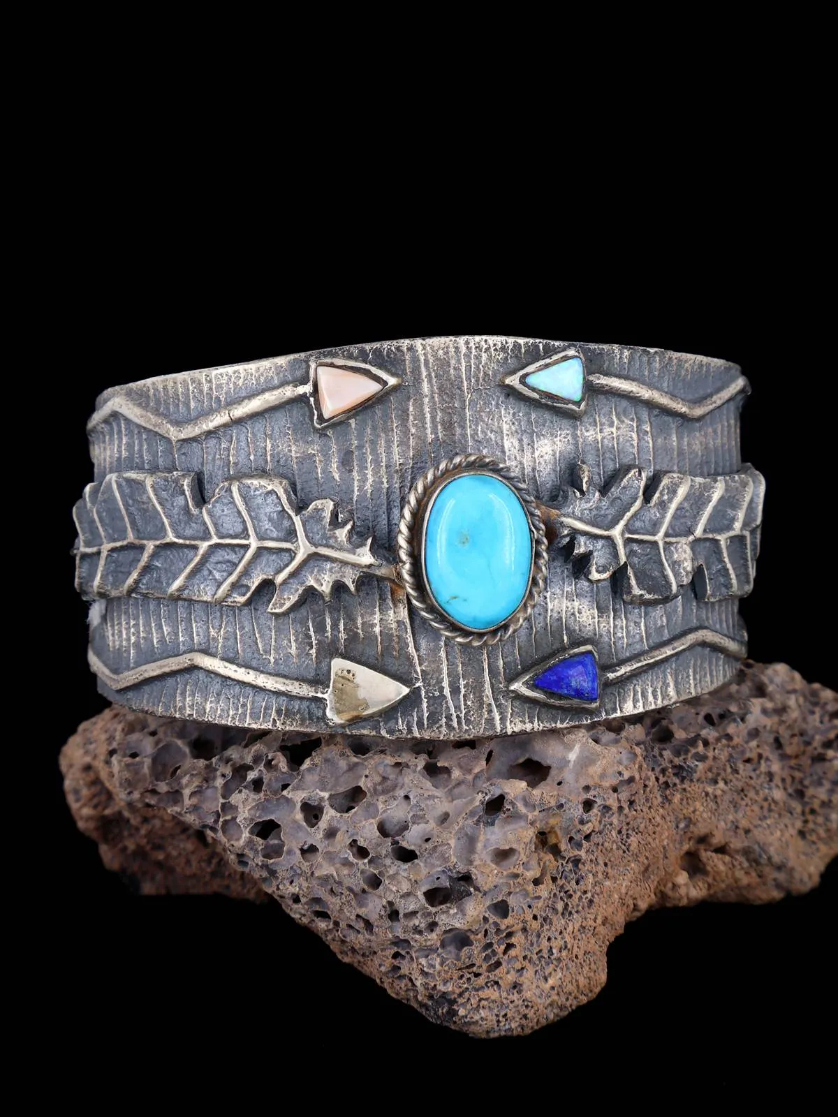 Native American Tufa Cast Sterling Silver Multistone Bracelet