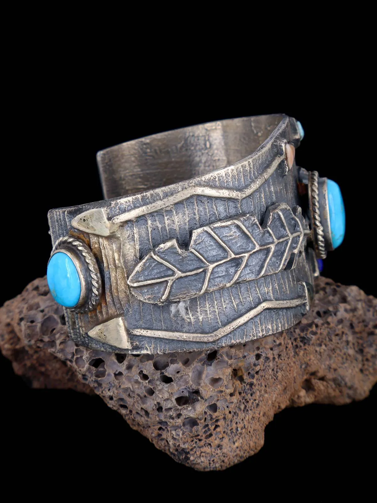 Native American Tufa Cast Sterling Silver Multistone Bracelet