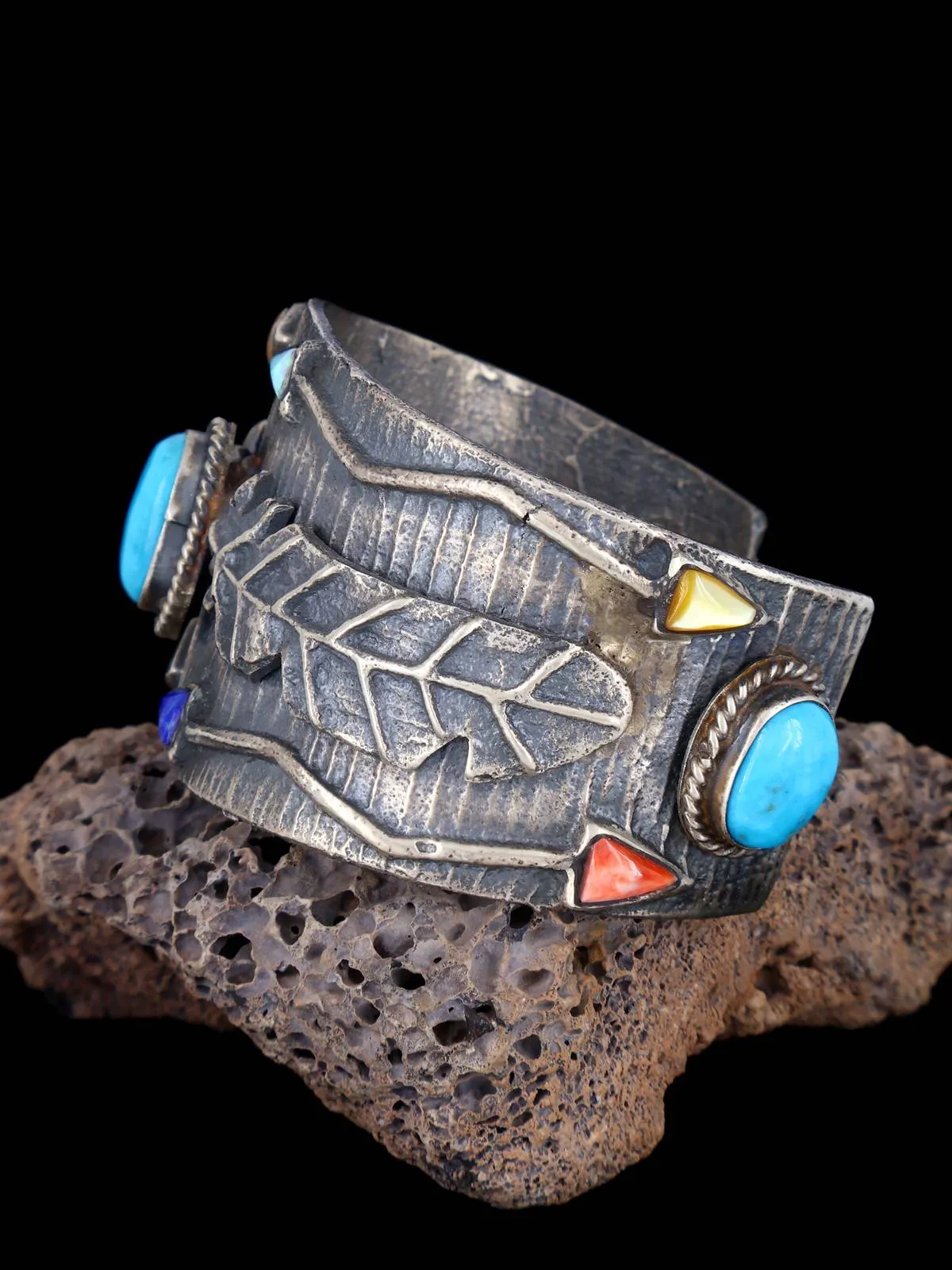 Native American Tufa Cast Sterling Silver Multistone Bracelet