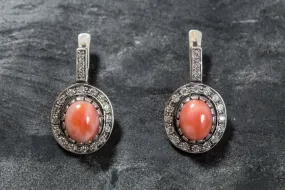 Natural Coral Earrings - Pink Oval Earrings - Vintage Drop Earrings